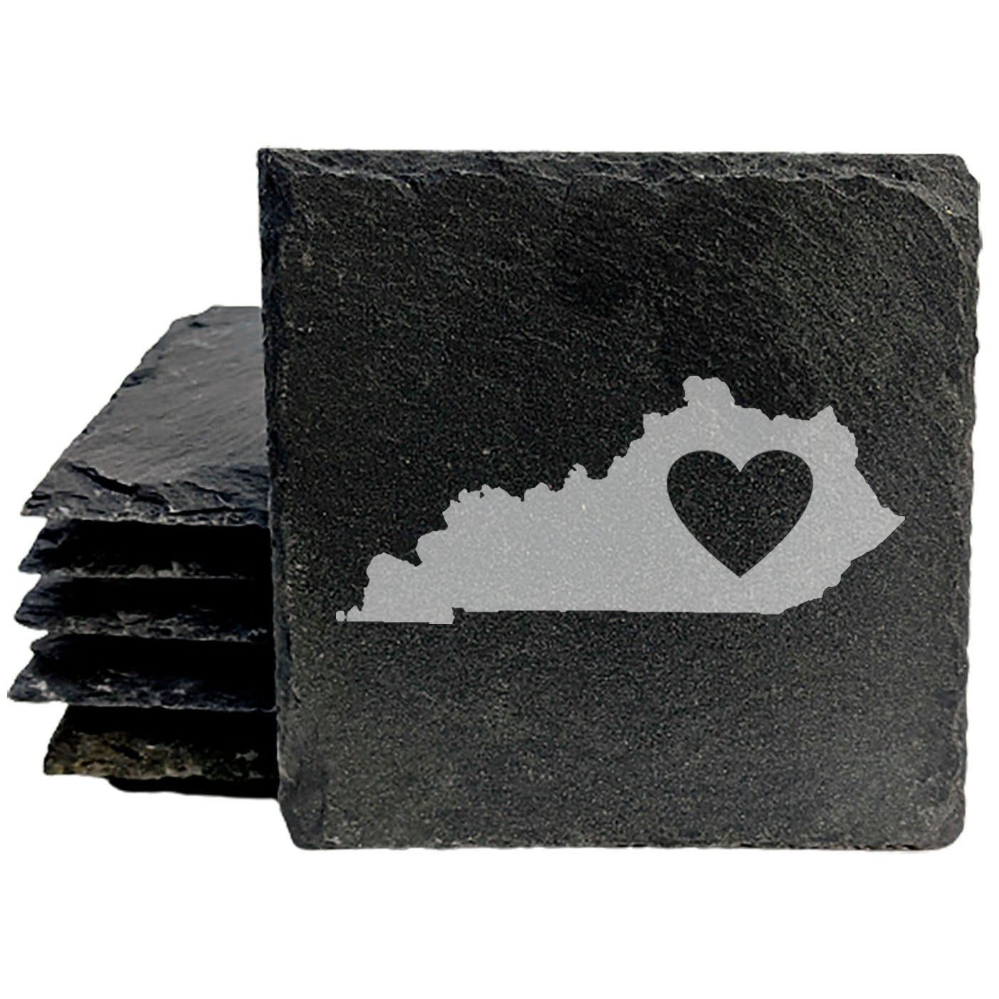 Rustic Slate Coasters Set of 4, Laser Etched Kentucky Design with Heart, 4" Round, Natural Chipped Edge, Rubber Feet, , Perfect for Holidays, Birthdays, Housewarming, Made in USA