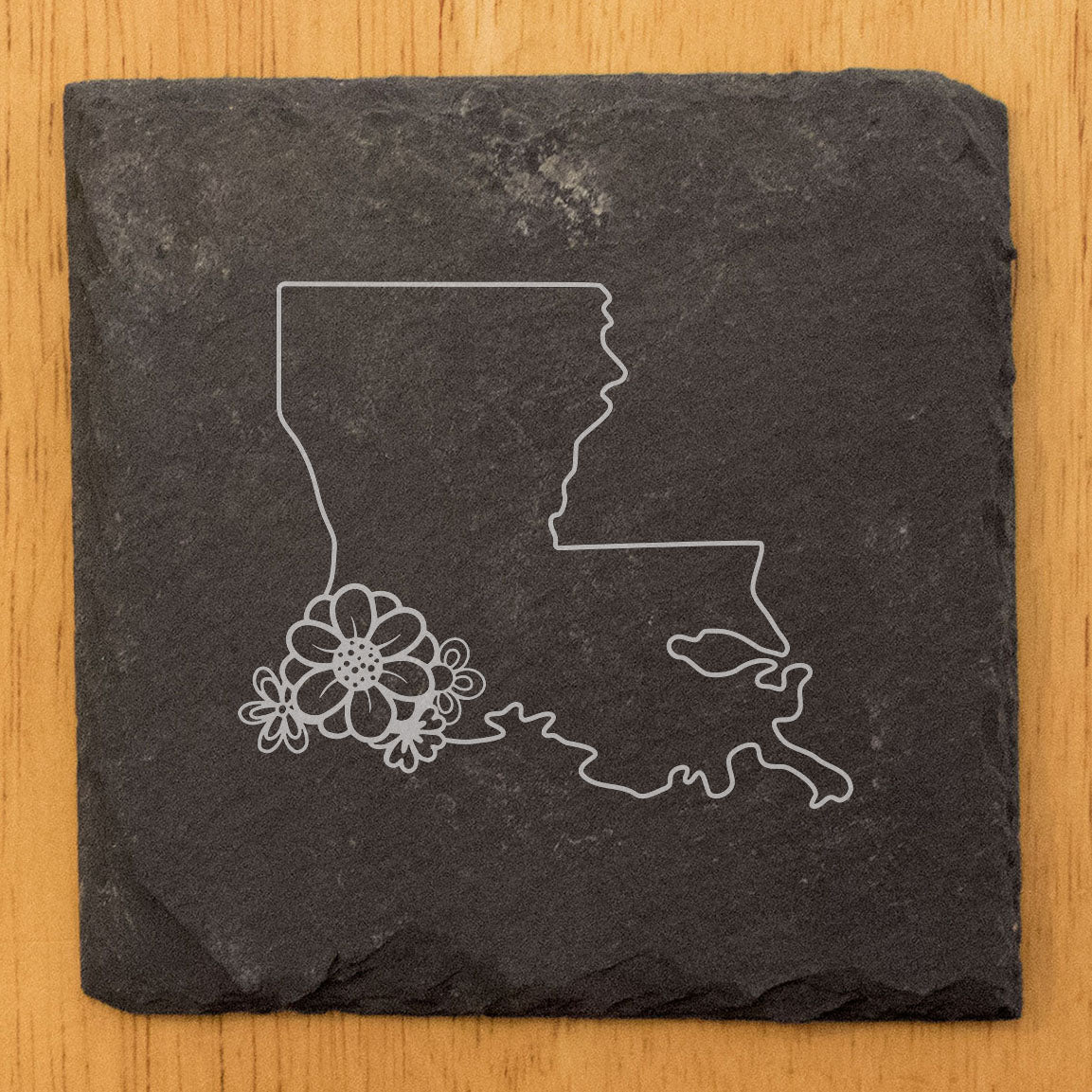 Rustic Slate Coasters Set of 4 - Laser Etched Louisiana Design with Flower - Perfect Gift for Holidays, Birthdays, Housewarming - 4" Round or Square - Made in Oregon, USA - Natural Chipped Edge