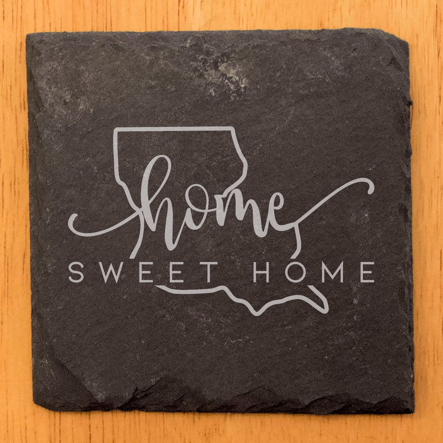 Rustic Slate Coasters Set of 4 - Round 4" with 'Home Sweet Home' Louisiana Design - Perfect Gift for Holidays, Birthdays, Housewarming - Made in Oregon, USA - Natural Chipped Edge, Rubber Feet