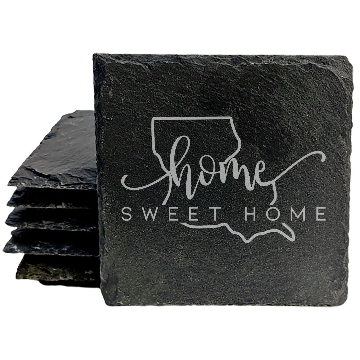 Rustic Slate Coasters Set of 4 - Round 4" with 'Home Sweet Home' Louisiana Design - Perfect Gift for Holidays, Birthdays, Housewarming - Made in Oregon, USA - Natural Chipped Edge, Rubber Feet
