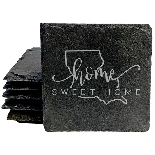 Rustic Slate Coasters Set of 4 - Round 4" with 'Home Sweet Home' Louisiana Design - Perfect Gift for Holidays, Birthdays, Housewarming - Made in Oregon, USA - Natural Chipped Edge, Rubber Feet
