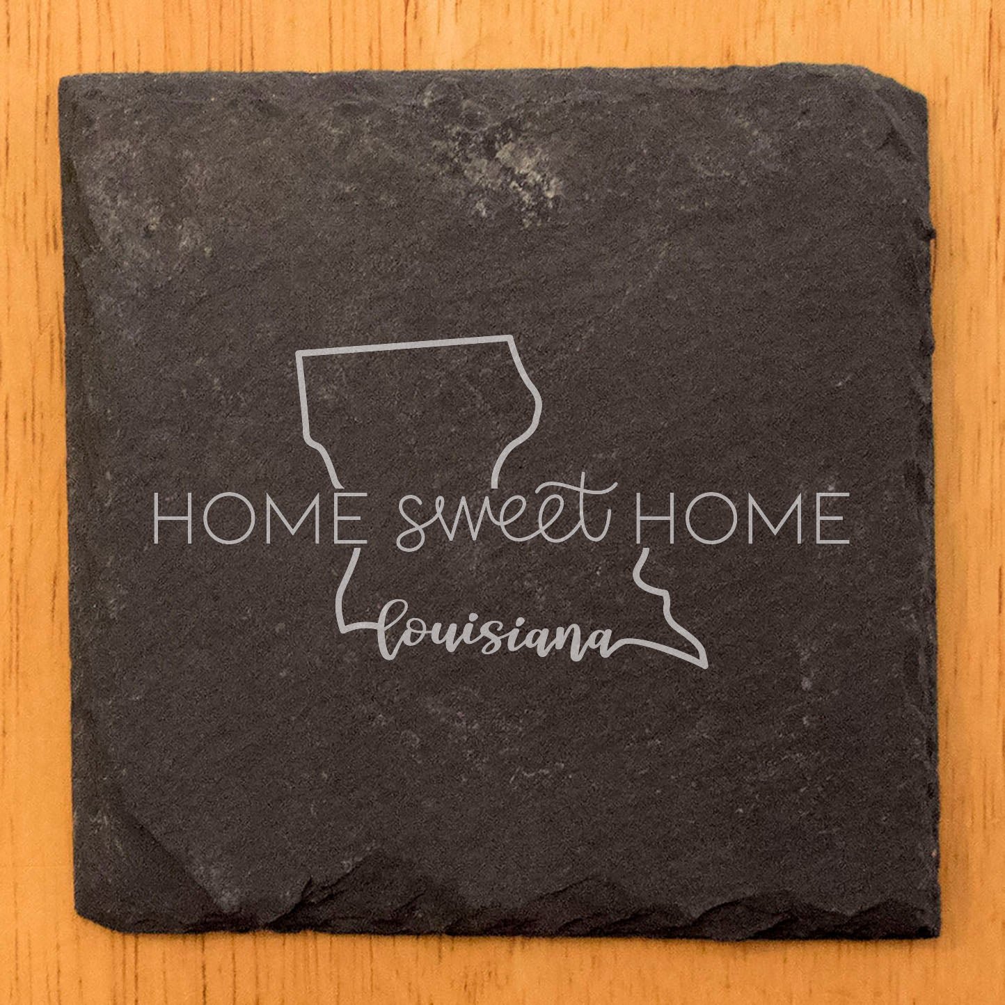 Rustic Slate Coasters Set of 4, Round 4" with 'Home Sweet Home' Louisiana Design, Perfect Gift for Holidays, Birthdays, Housewarming, She-Shed, Man Cave, Made in Oregon, USA, Natural Chipped Edge