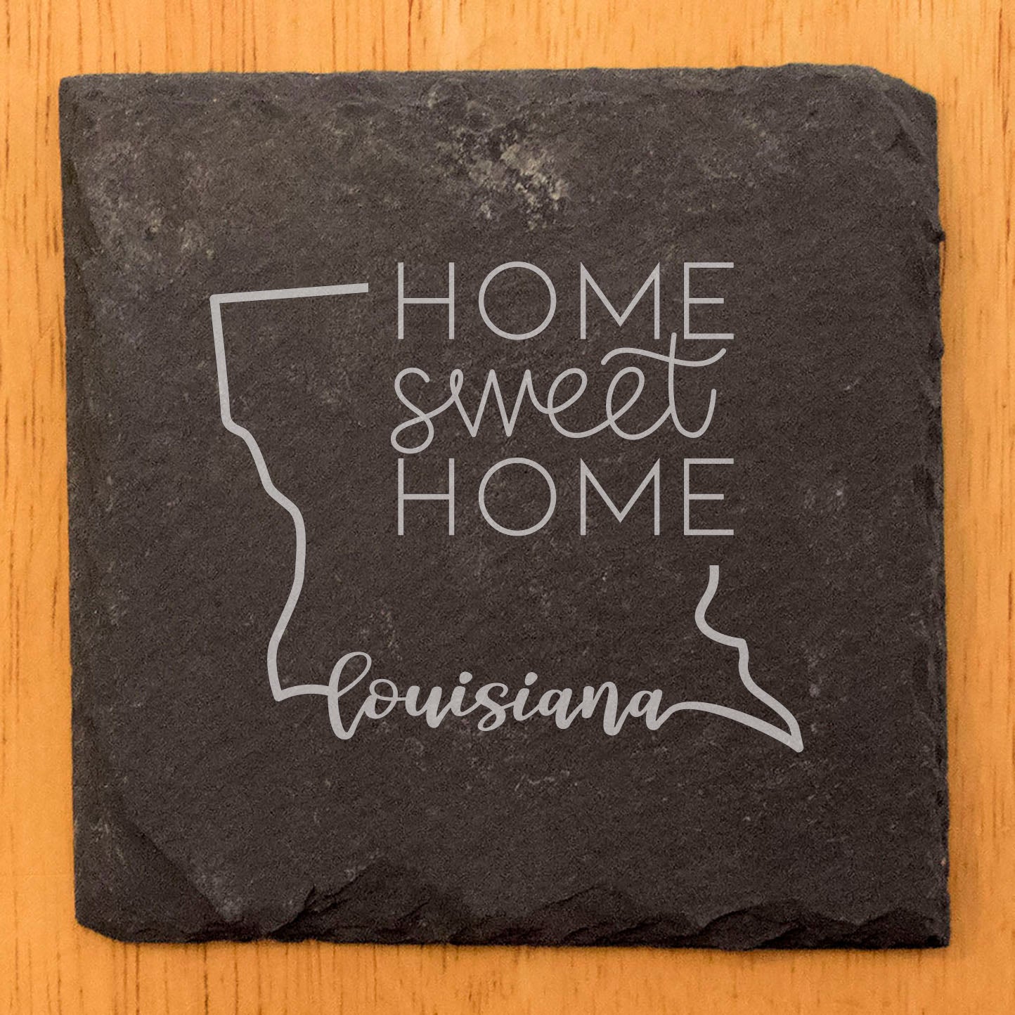 Rustic Slate Coasters Set of 4, 4" Round, Laser Etched Louisiana Design, 'Home Sweet Home', Perfect Gift for Holidays, Birthdays, Housewarming, Made in Oregon, USA, Natural Chipped Edge, Rubber Feet