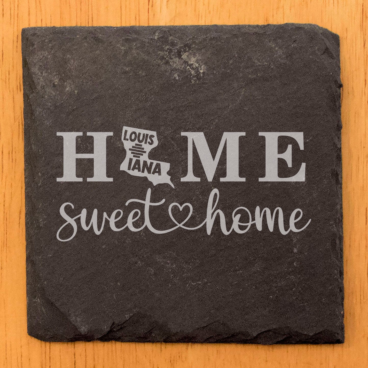 Rustic Slate Coasters Set of 4, 4" Round, Laser Etched 'HOME SWEET HOME' Design with Louisiana State Shape, Perfect Gift for Holidays, Birthdays, Housewarming, Made in Oregon, USA, Natural Edge