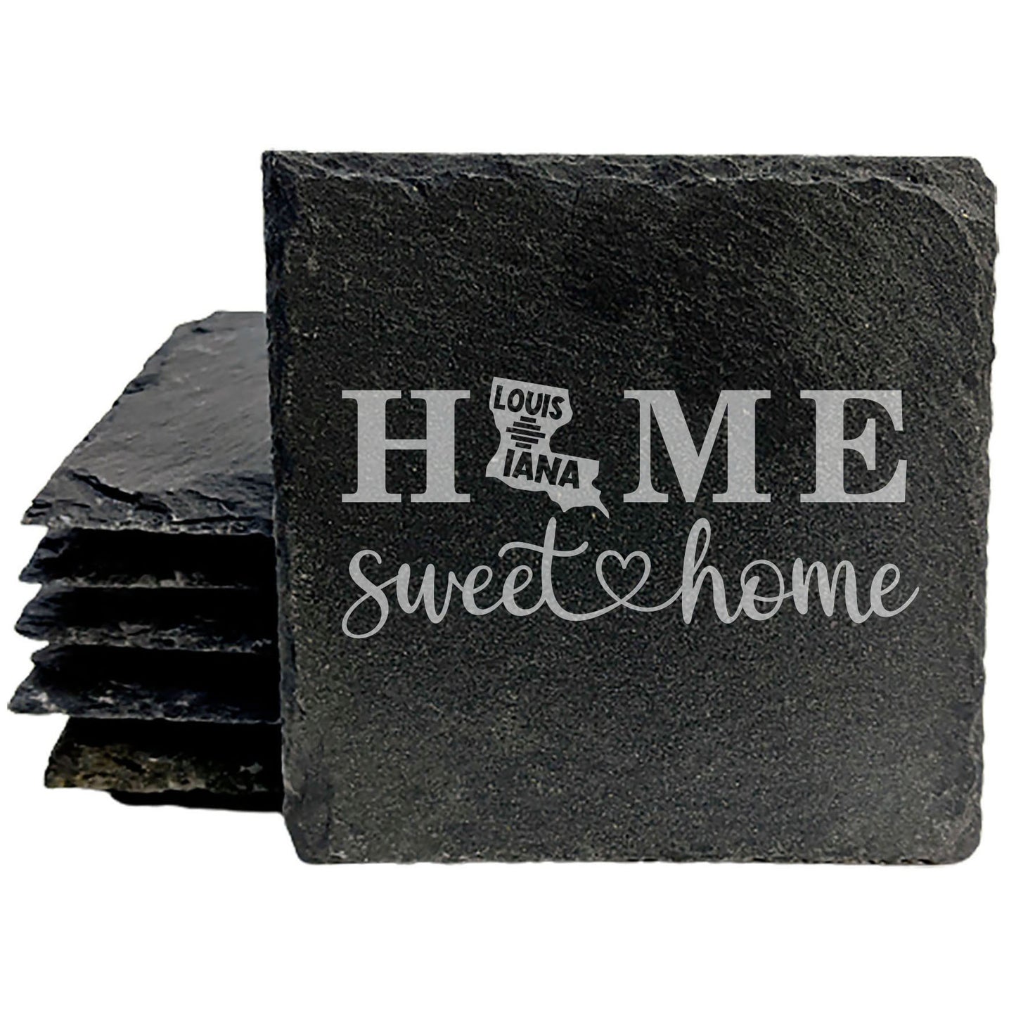 Rustic Slate Coasters Set of 4, 4" Round, Laser Etched 'HOME SWEET HOME' Design with Louisiana State Shape, Perfect Gift for Holidays, Birthdays, Housewarming, Made in Oregon, USA, Natural Edge