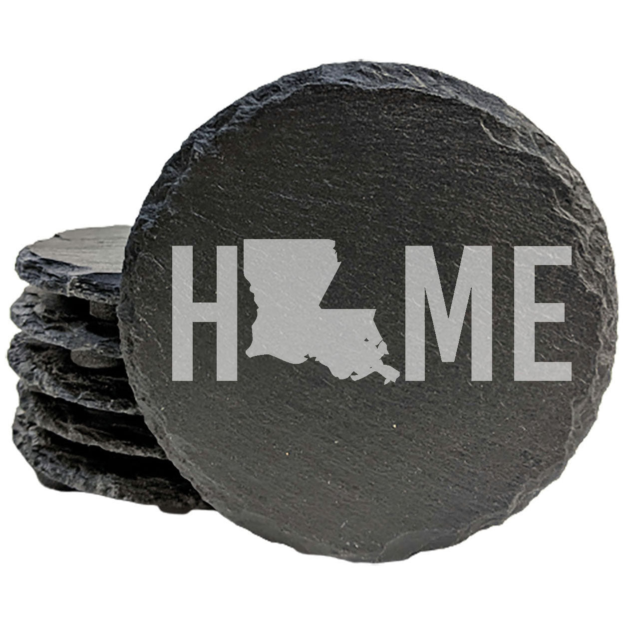 Rustic Slate Coasters Set of 4 - Laser Etched 'HOME' Design with Louisiana State Shape - Perfect Gift for Holidays, Birthdays, Housewarming - 4" Round, Natural Chipped Edge, Made in Oregon, USA