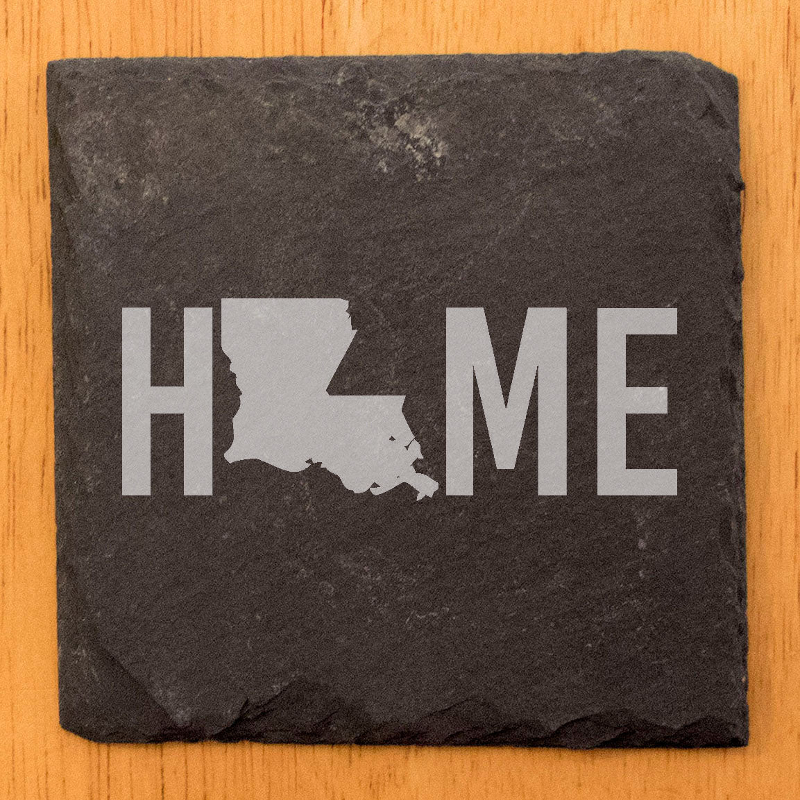 Rustic Slate Coasters Set of 4 - Laser Etched 'HOME' Design with Louisiana State Shape - Perfect Gift for Holidays, Birthdays, Housewarming - 4" Round, Natural Chipped Edge, Made in Oregon, USA