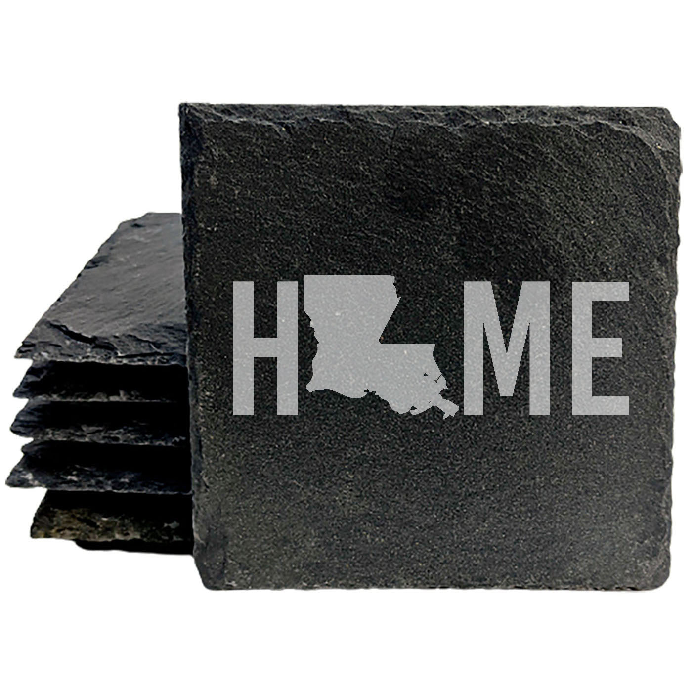 Rustic Slate Coasters Set of 4 - Laser Etched 'HOME' Design with Louisiana State Shape - Perfect Gift for Holidays, Birthdays, Housewarming - 4" Round, Natural Chipped Edge, Made in Oregon, USA