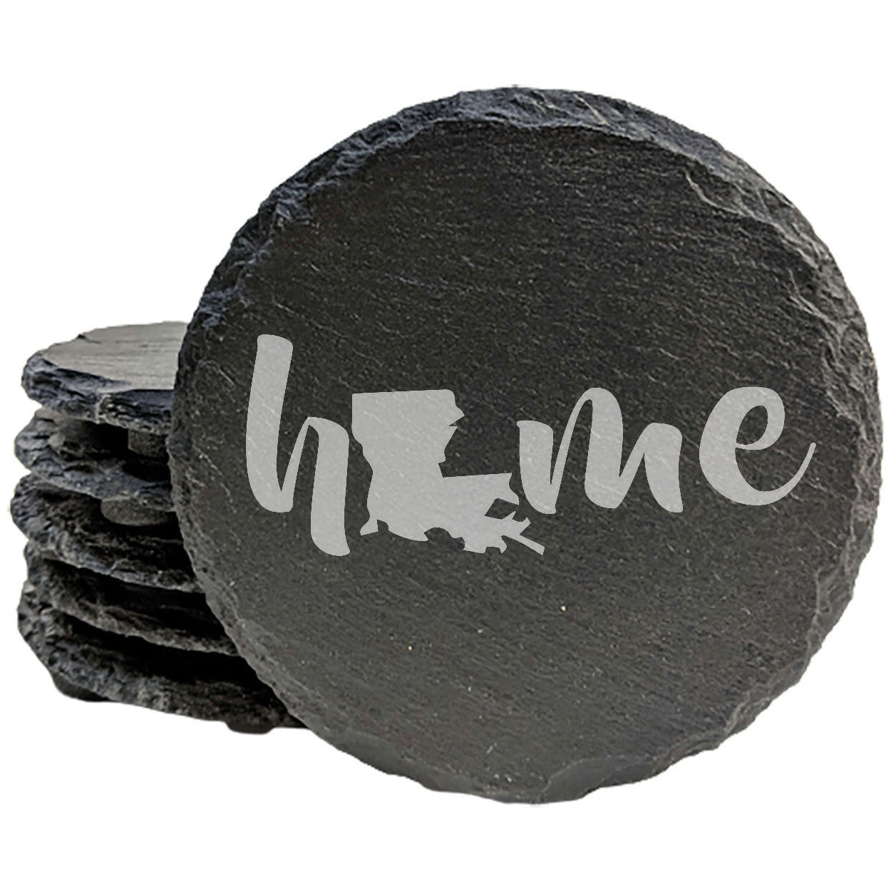 Rustic Slate Coasters Set of 4 - Laser Etched 'Home' Design with Louisiana State - Perfect Gift for Holidays, Birthdays, Housewarming - 4" Round/Square - Made in Oregon, USA - Natural Edge