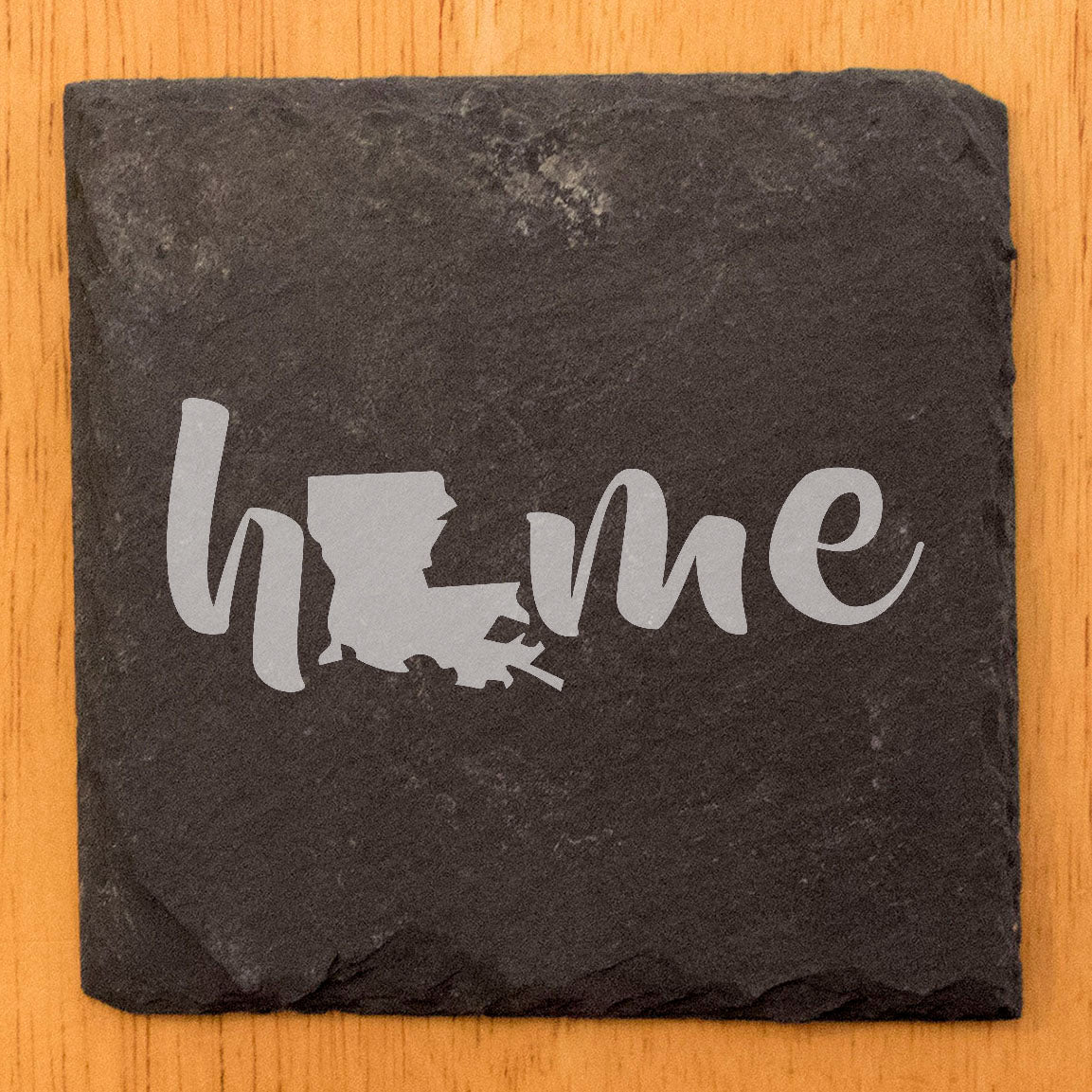 Rustic Slate Coasters Set of 4 - Laser Etched 'Home' Design with Louisiana State - Perfect Gift for Holidays, Birthdays, Housewarming - 4" Round/Square - Made in Oregon, USA - Natural Edge