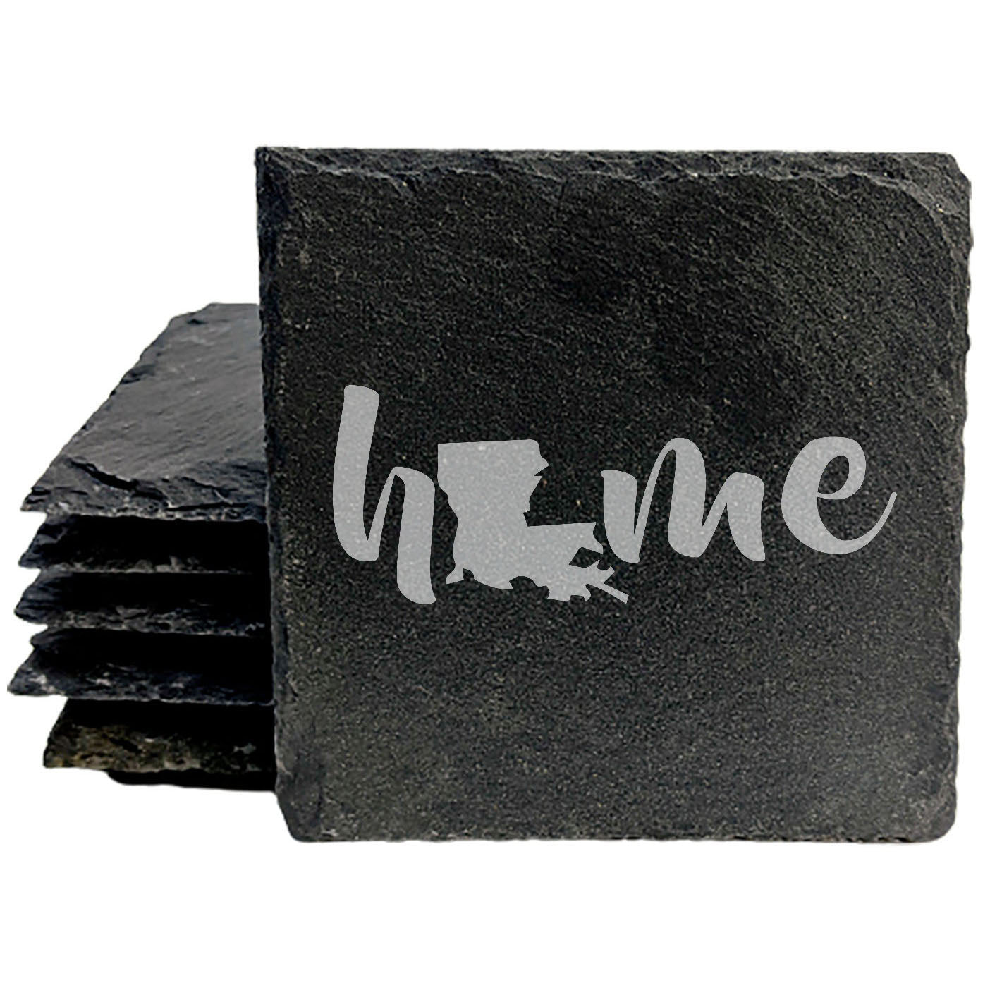 Rustic Slate Coasters Set of 4 - Laser Etched 'Home' Design with Louisiana State - Perfect Gift for Holidays, Birthdays, Housewarming - 4" Round/Square - Made in Oregon, USA - Natural Edge