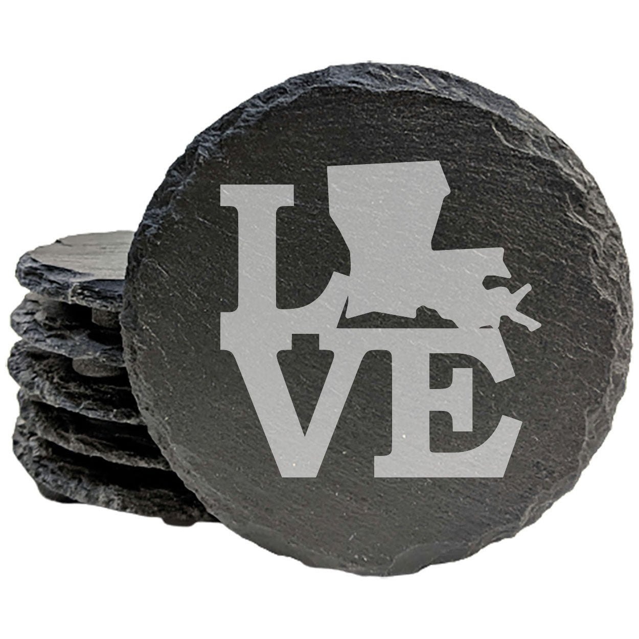 Rustic Slate Coasters Set of 4, Round 4" with 'LOVE' Louisiana Design, Perfect Gift for Holidays, Birthdays, Housewarming, She-Shed, Man Cave, Made in Oregon, USA, Natural Chipped Edge, Rubber Feet