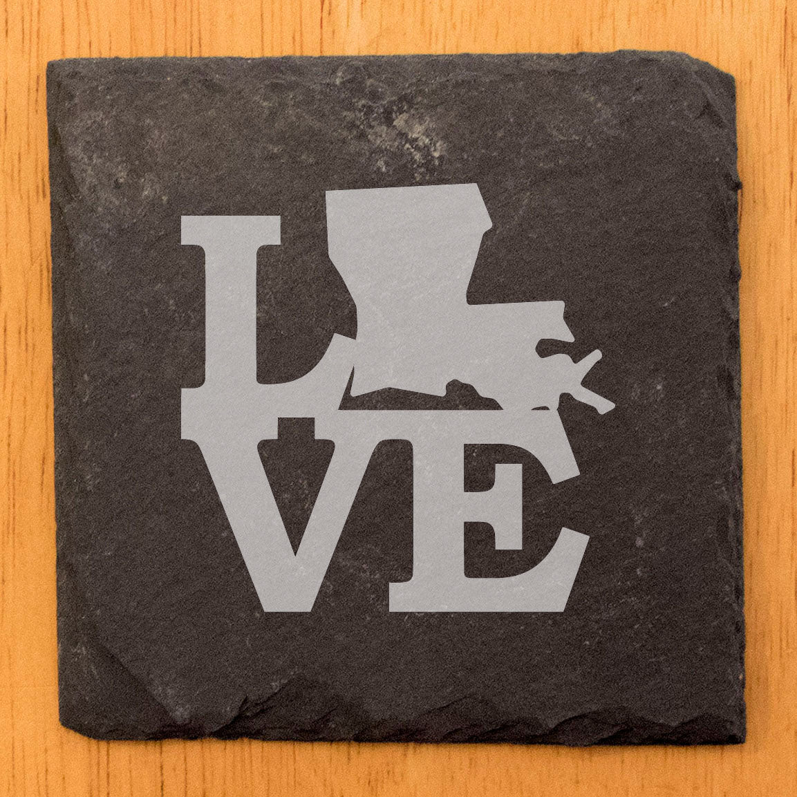 Rustic Slate Coasters Set of 4, Round 4" with 'LOVE' Louisiana Design, Perfect Gift for Holidays, Birthdays, Housewarming, She-Shed, Man Cave, Made in Oregon, USA, Natural Chipped Edge, Rubber Feet