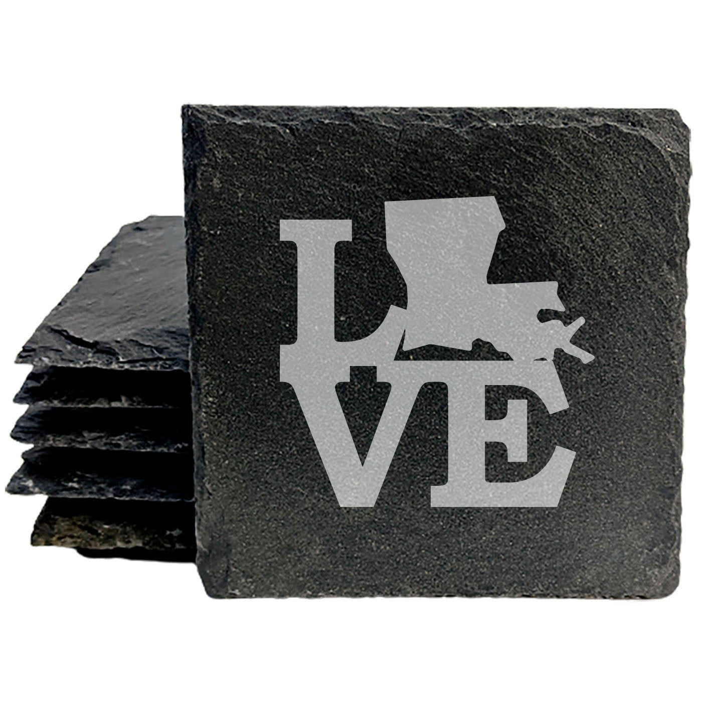Rustic Slate Coasters Set of 4, Round 4" with 'LOVE' Louisiana Design, Perfect Gift for Holidays, Birthdays, Housewarming, She-Shed, Man Cave, Made in Oregon, USA, Natural Chipped Edge, Rubber Feet