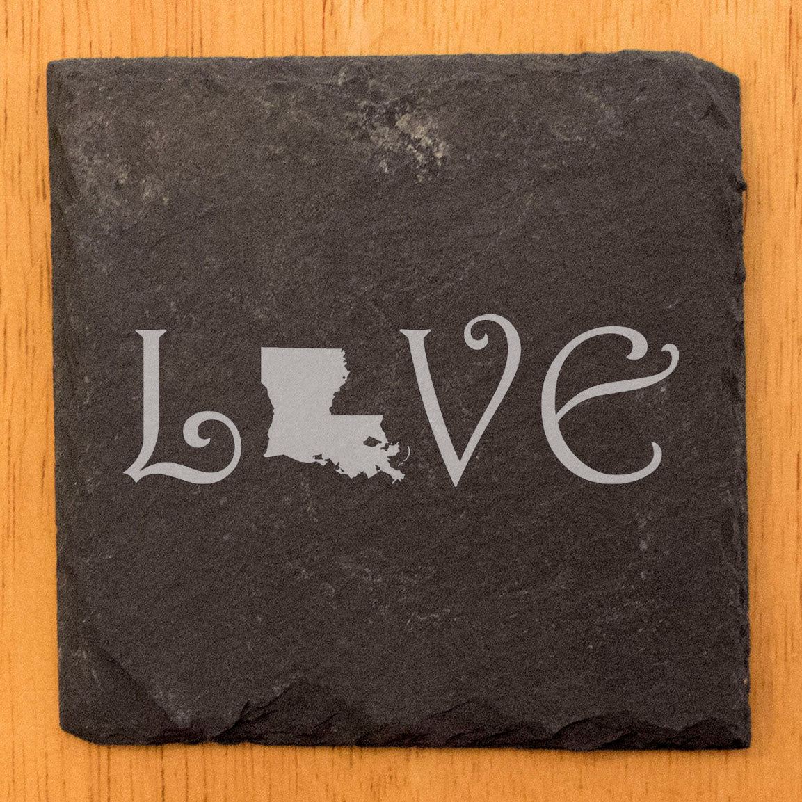 Rustic Slate Coasters Set of 4, Laser Etched 'LOVE' Design with Louisiana State, 4" Square, Natural Chipped Edge, Rubber Feet, Perfect Gift for Holidays, Birthdays, Housewarming, Made in USA