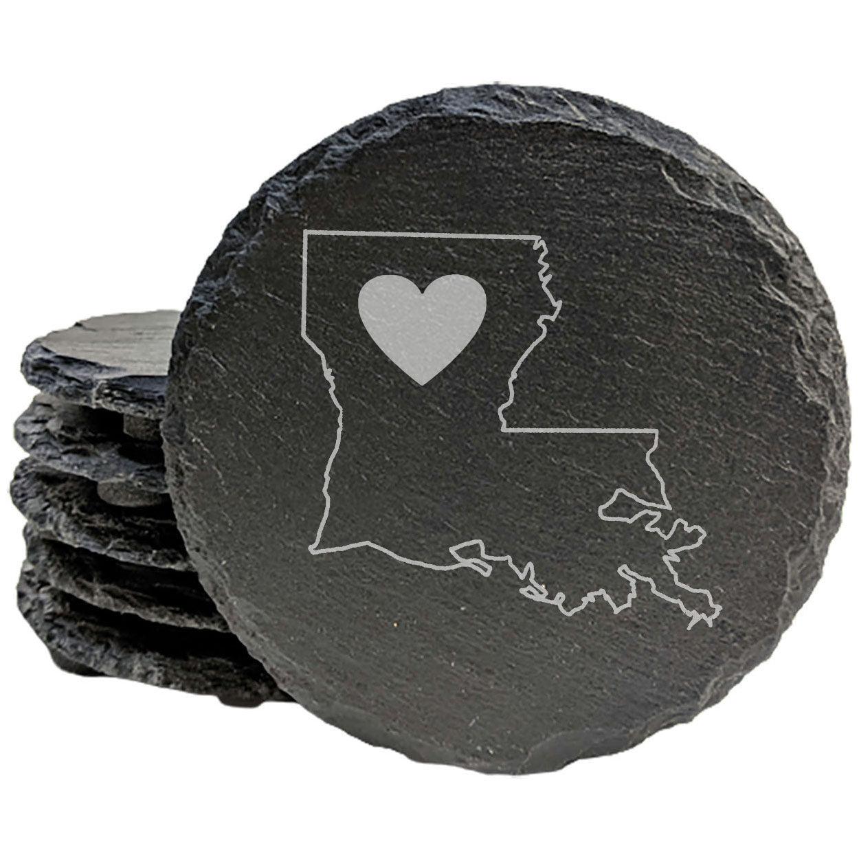 Rustic Slate Coasters Set of 4, Round 4" with Louisiana Heart Design, Perfect for Holidays, Birthdays, Housewarming Gifts, She-Shed or Man Cave, Made in Oregon, USA, Natural Chipped Edge, Rubber Feet