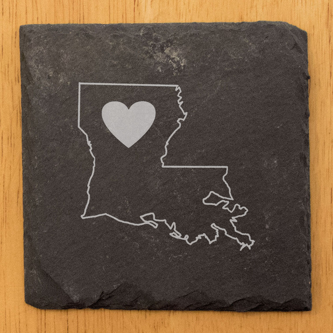 Rustic Slate Coasters Set of 4, Round 4" with Louisiana Heart Design, Perfect for Holidays, Birthdays, Housewarming Gifts, She-Shed or Man Cave, Made in Oregon, USA, Natural Chipped Edge, Rubber Feet