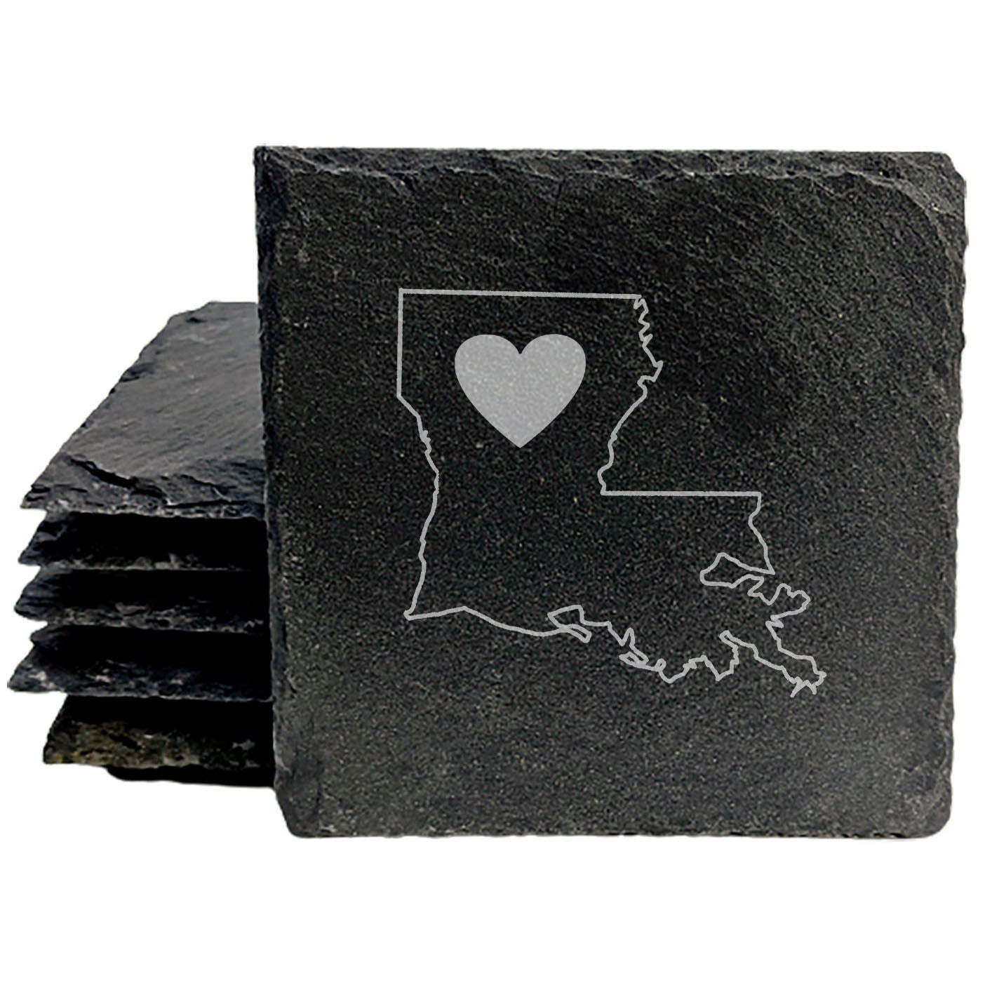 Rustic Slate Coasters Set of 4, Round 4" with Louisiana Heart Design, Perfect for Holidays, Birthdays, Housewarming Gifts, She-Shed or Man Cave, Made in Oregon, USA, Natural Chipped Edge, Rubber Feet