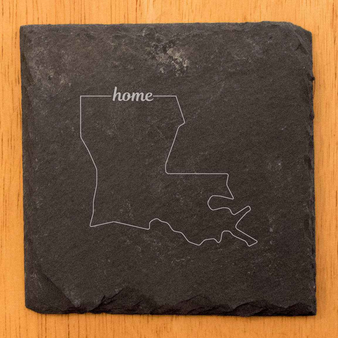 Rustic Slate Coasters Set of 4 - Round 4" with Louisiana 'Home' Design, Natural Chipped Edge, Rubber Feet, - Perfect for Holidays, Birthdays, Housewarming - Made in Oregon, USA