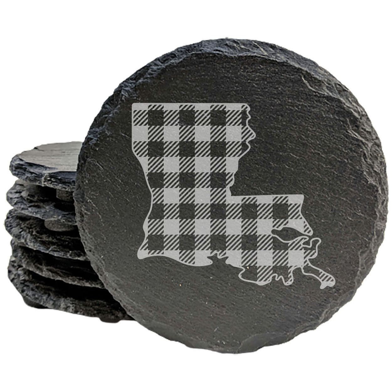 Rustic Slate Coasters Set of 4, Round 4" with Louisiana Plaid Design, Perfect Gift for Holidays, Birthdays, Housewarming, She-Shed, Man Cave, Made in Oregon, USA, Natural Chipped Edge, Rubber Feet
