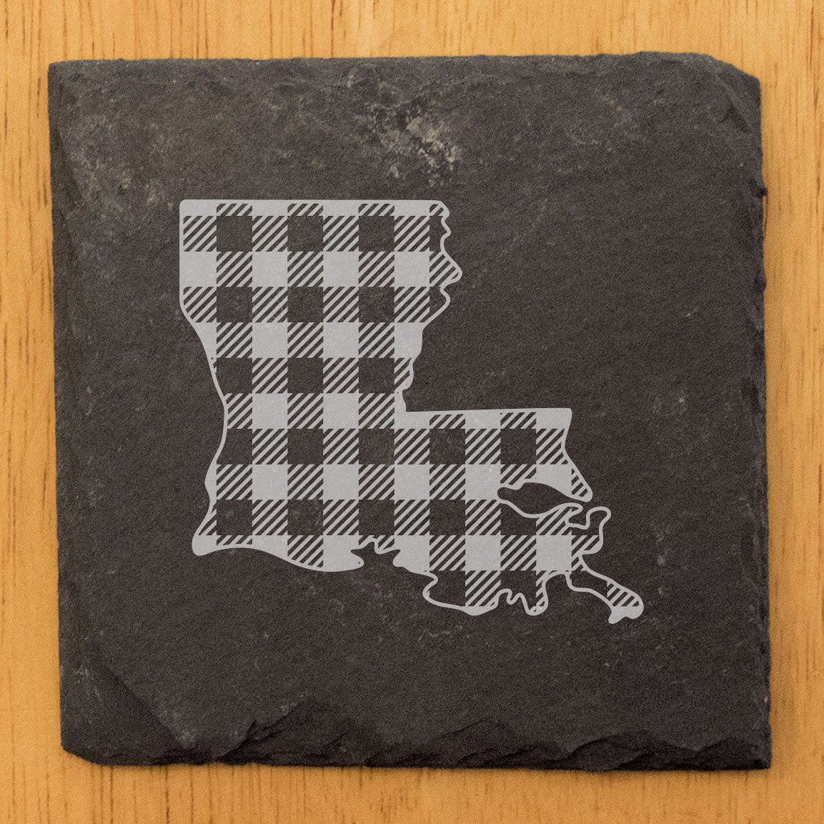 Rustic Slate Coasters Set of 4, Round 4" with Louisiana Plaid Design, Perfect Gift for Holidays, Birthdays, Housewarming, She-Shed, Man Cave, Made in Oregon, USA, Natural Chipped Edge, Rubber Feet