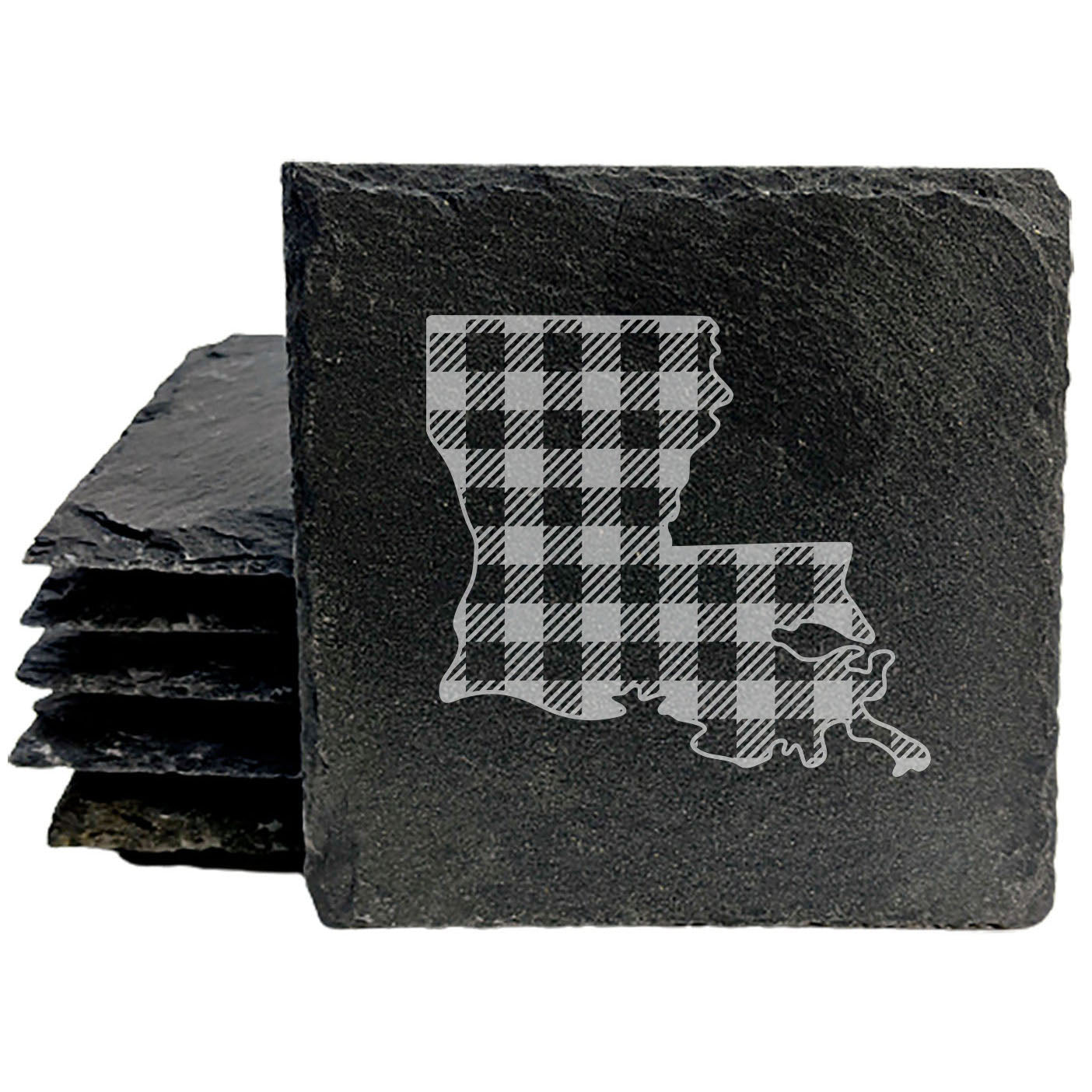 Rustic Slate Coasters Set of 4, Round 4" with Louisiana Plaid Design, Perfect Gift for Holidays, Birthdays, Housewarming, She-Shed, Man Cave, Made in Oregon, USA, Natural Chipped Edge, Rubber Feet