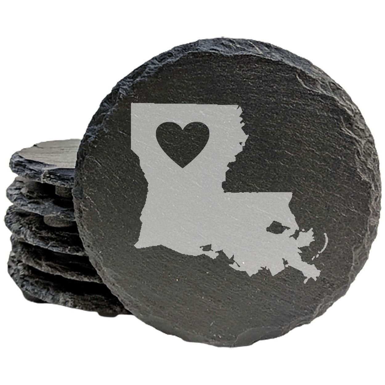 Rustic Slate Coasters Set of 4, Round 4" with Louisiana Heart Design, Perfect Gift for Holidays, Birthdays, Housewarming, She-Shed, Man Cave, Made in Oregon, USA, Natural Chipped Edge, Rubber Feet