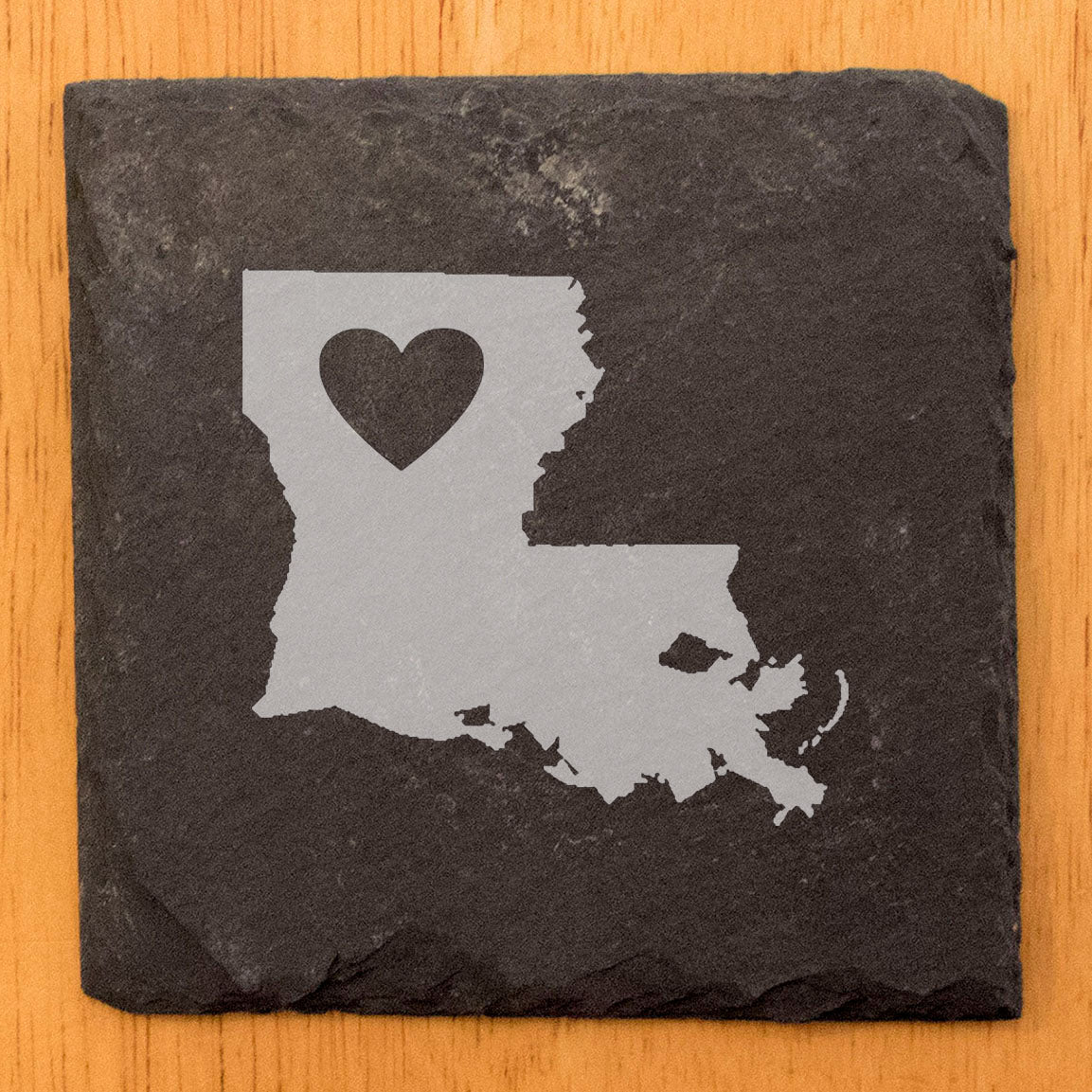 Rustic Slate Coasters Set of 4, Round 4" with Louisiana Heart Design, Perfect Gift for Holidays, Birthdays, Housewarming, She-Shed, Man Cave, Made in Oregon, USA, Natural Chipped Edge, Rubber Feet