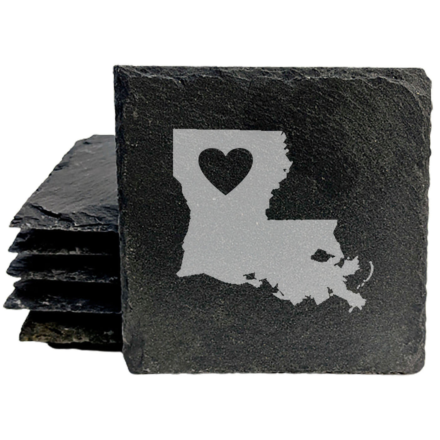 Rustic Slate Coasters Set of 4, Round 4" with Louisiana Heart Design, Perfect Gift for Holidays, Birthdays, Housewarming, She-Shed, Man Cave, Made in Oregon, USA, Natural Chipped Edge, Rubber Feet