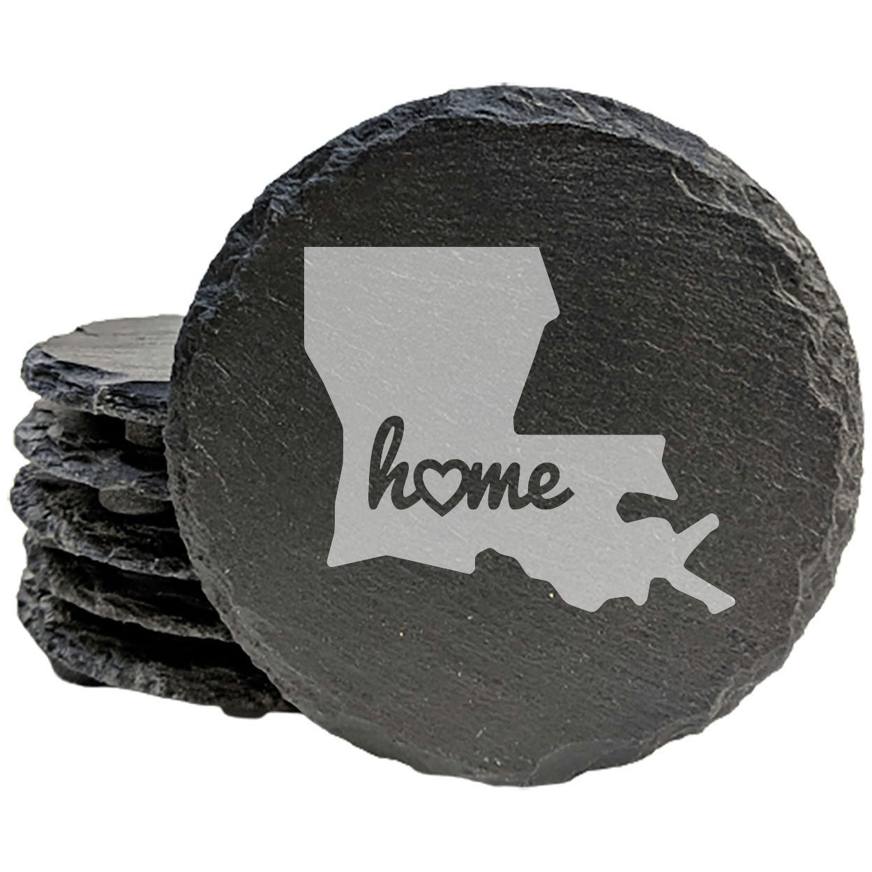Rustic Slate Coasters Set of 4, Round 4" with Louisiana 'Home' Heart Design, Perfect for Holidays, Birthdays, Housewarming, She-Shed, Man Cave, Made in Oregon, USA, , Natural Edge