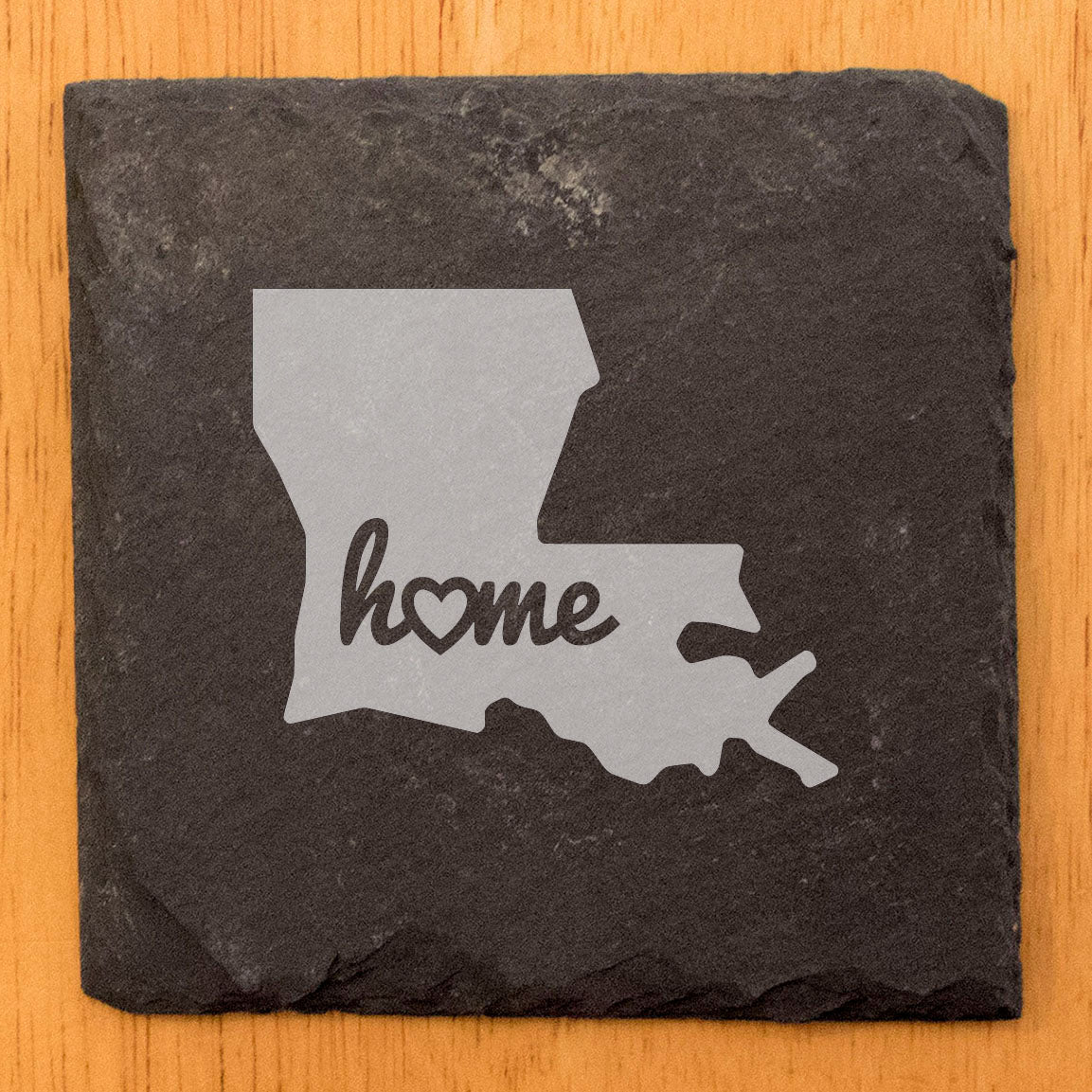Rustic Slate Coasters Set of 4, Round 4" with Louisiana 'Home' Heart Design, Perfect for Holidays, Birthdays, Housewarming, She-Shed, Man Cave, Made in Oregon, USA, , Natural Edge