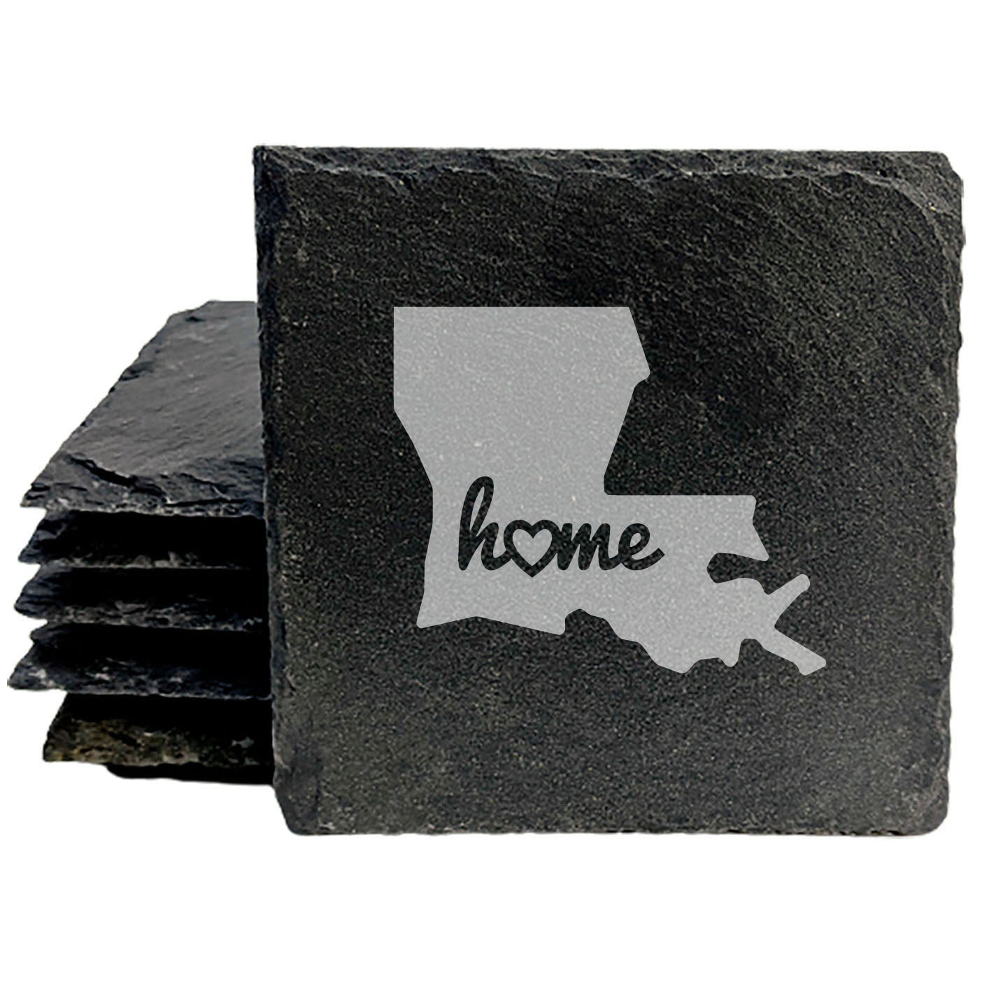 Rustic Slate Coasters Set of 4, Round 4" with Louisiana 'Home' Heart Design, Perfect for Holidays, Birthdays, Housewarming, She-Shed, Man Cave, Made in Oregon, USA, , Natural Edge