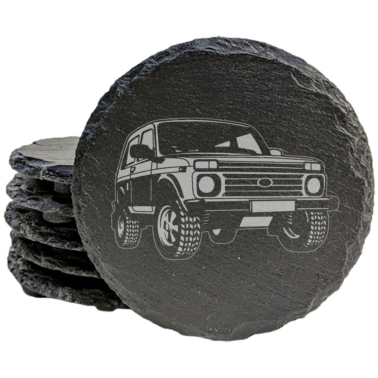 Lada Niva Design Rustic Gray Slate Coasters Set of 4, Laser Etched, Perfect for Holidays & Birthdays, Housewarming Gifts, She-Shed or Man Cave Decor - Made in Oregon USA by Small Business