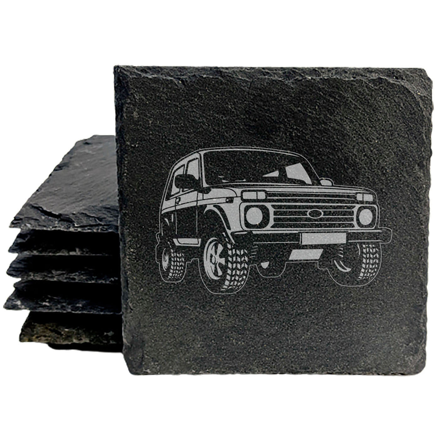 Lada Niva Design Rustic Gray Slate Coasters Set of 4, Laser Etched, Perfect for Holidays & Birthdays, Housewarming Gifts, She-Shed or Man Cave Decor - Made in Oregon USA by Small Business