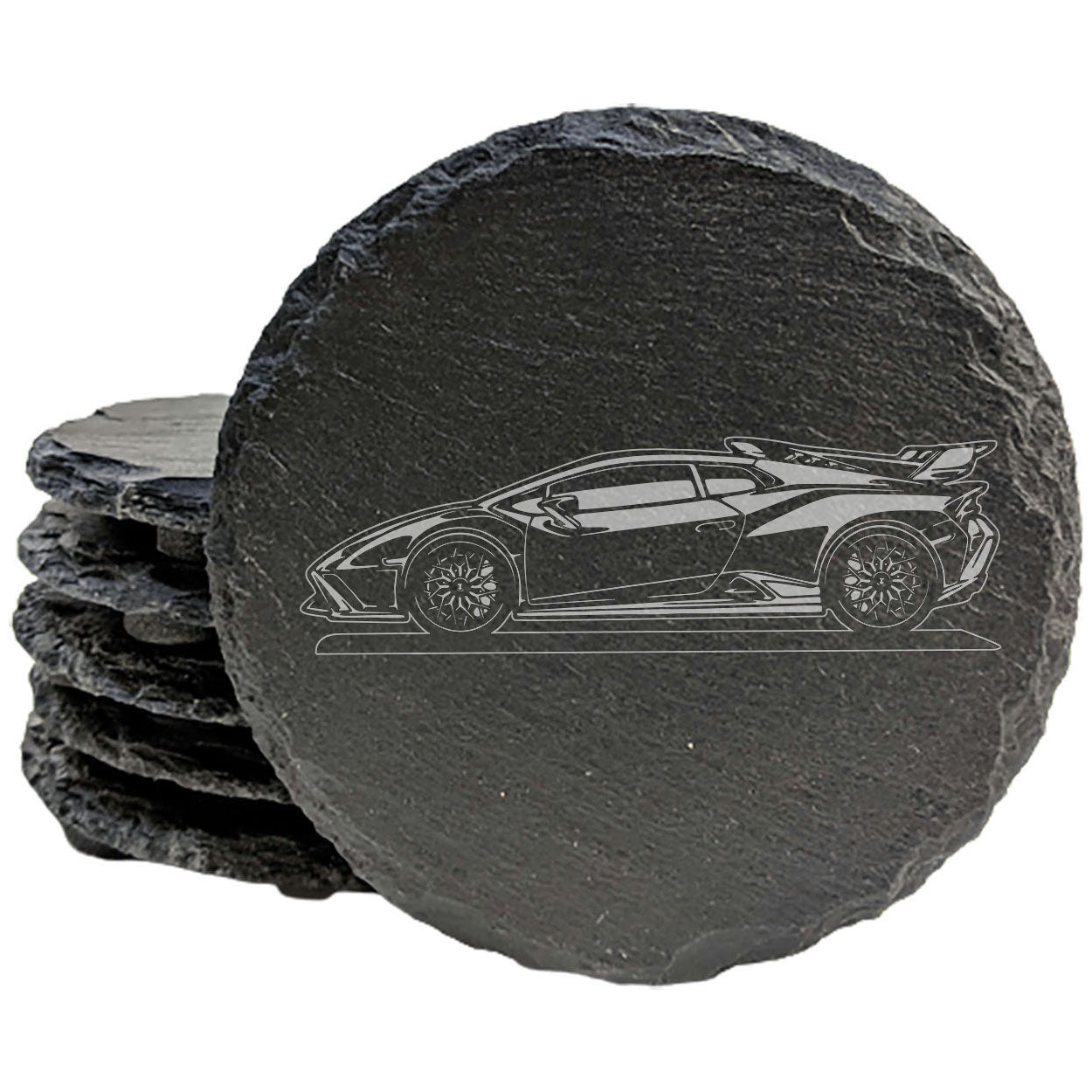 Lamborghini Huracan STO Design Rustic Gray Slate Coasters Set of 4 - Laser Etched, Natural Chipped Edge, Rubber Feet - Perfect Gift for Holidays, Birthdays, Housewarming - Made in Oregon USA