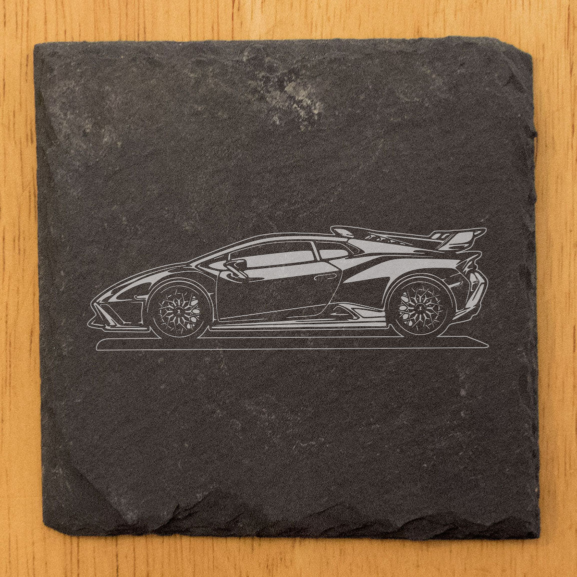 Lamborghini Huracan STO Design Rustic Gray Slate Coasters Set of 4 - Laser Etched, Natural Chipped Edge, Rubber Feet - Perfect Gift for Holidays, Birthdays, Housewarming - Made in Oregon USA