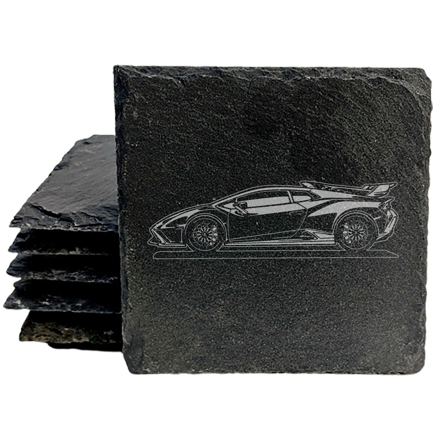 Lamborghini Huracan STO Design Rustic Gray Slate Coasters Set of 4 - Laser Etched, Natural Chipped Edge, Rubber Feet - Perfect Gift for Holidays, Birthdays, Housewarming - Made in Oregon USA