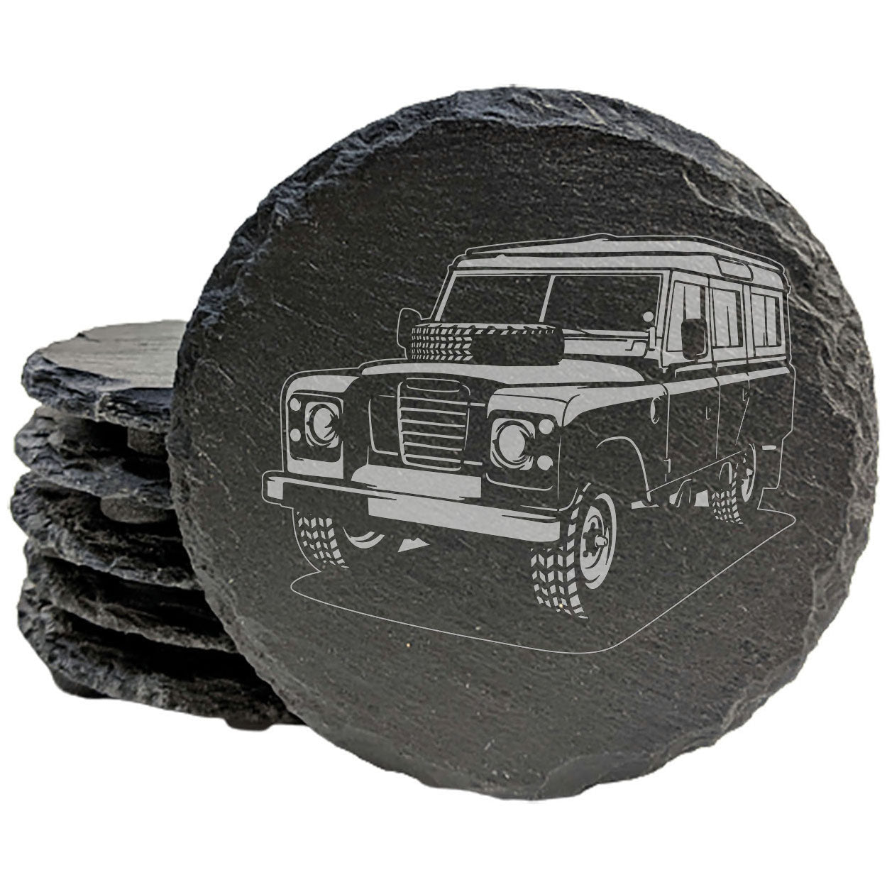 Landrover 80 Design Rustic Gray Slate Coasters Set of 4 - Laser Etched, Natural Chipped Edge, Rubber Feet - Perfect for She-Shed or Man Cave - All-Occasion Gift from Small Business in Oregon USA