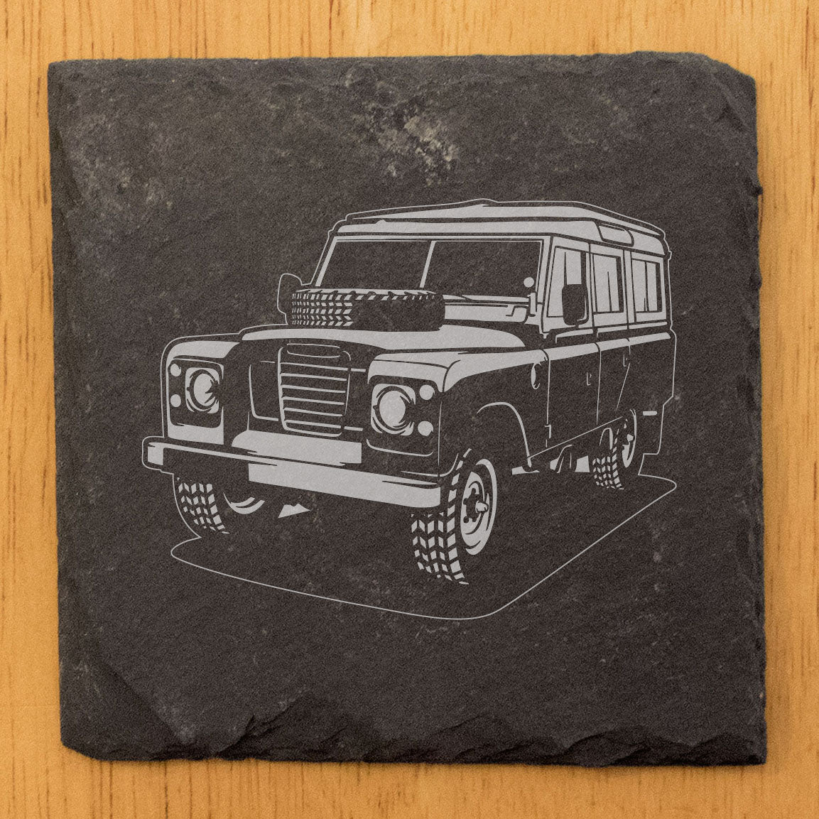 Landrover 80 Design Rustic Gray Slate Coasters Set of 4 - Laser Etched, Natural Chipped Edge, Rubber Feet - Perfect for She-Shed or Man Cave - All-Occasion Gift from Small Business in Oregon USA