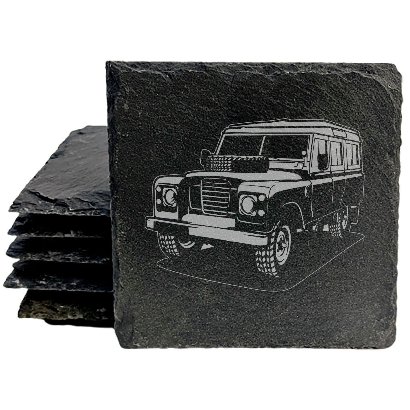Landrover 80 Design Rustic Gray Slate Coasters Set of 4 - Laser Etched, Natural Chipped Edge, Rubber Feet - Perfect for She-Shed or Man Cave - All-Occasion Gift from Small Business in Oregon USA