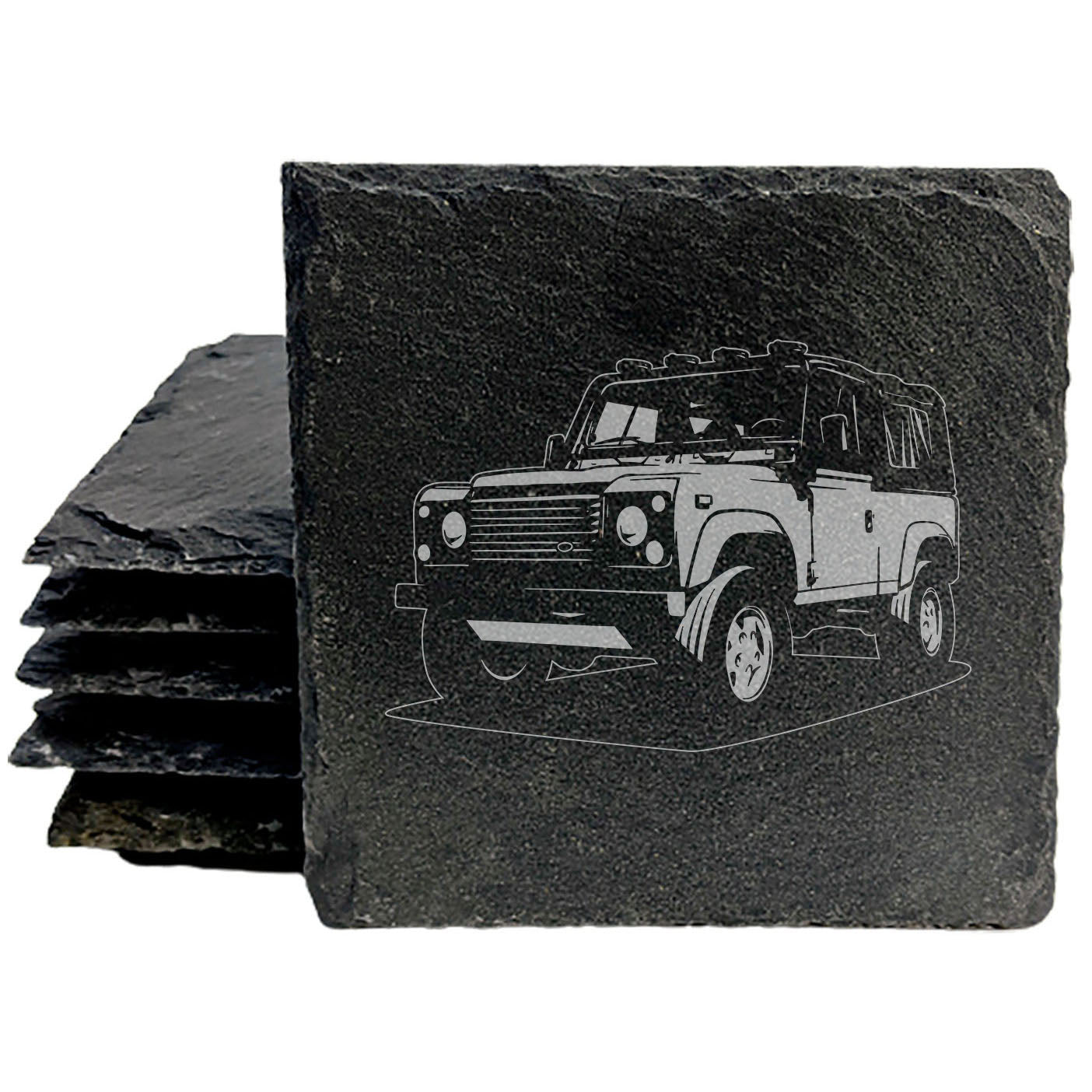 Landrover 87 Design Rustic Gray Slate Coasters Set of 4 - Laser Etched, Natural Chipped Edge, Rubber Feet - Perfect for Holidays, Birthdays, Housewarming Gifts - Made in Oregon USA by Small Business