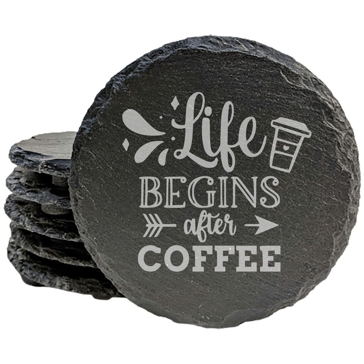 Rise & Grind: Life Begins After Coffee Coasters on Slate