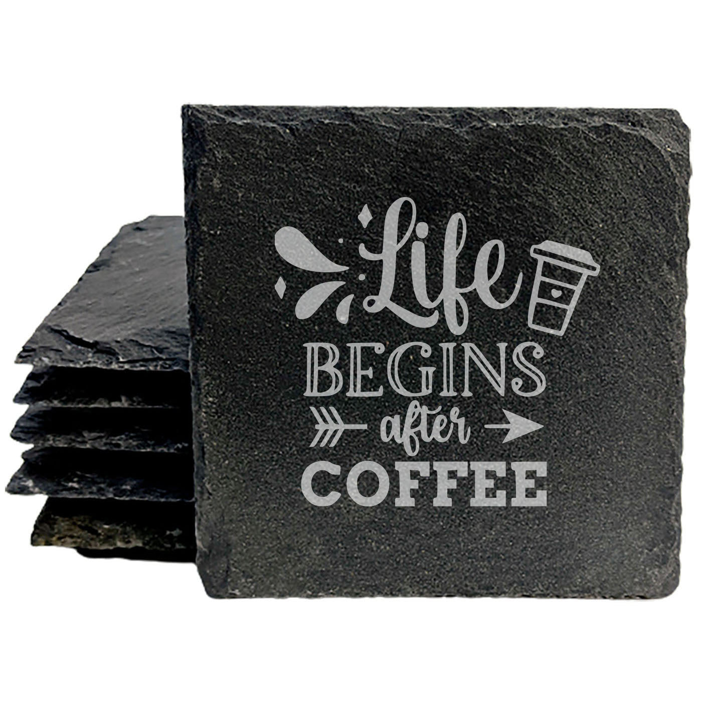 Rise & Grind: Life Begins After Coffee Coasters on Slate