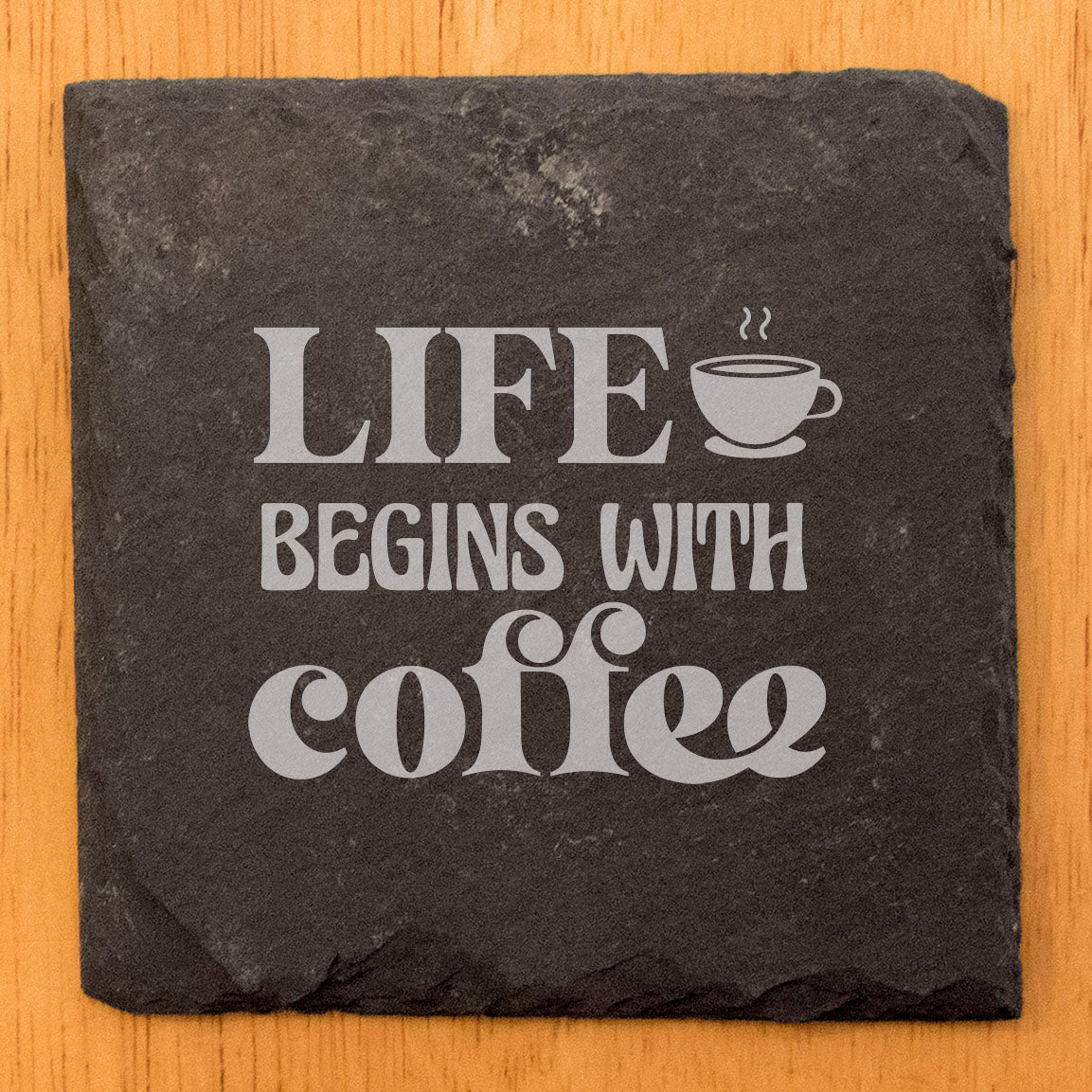 Sip & Smile: Life Begins After Coffee Coasters on Slate