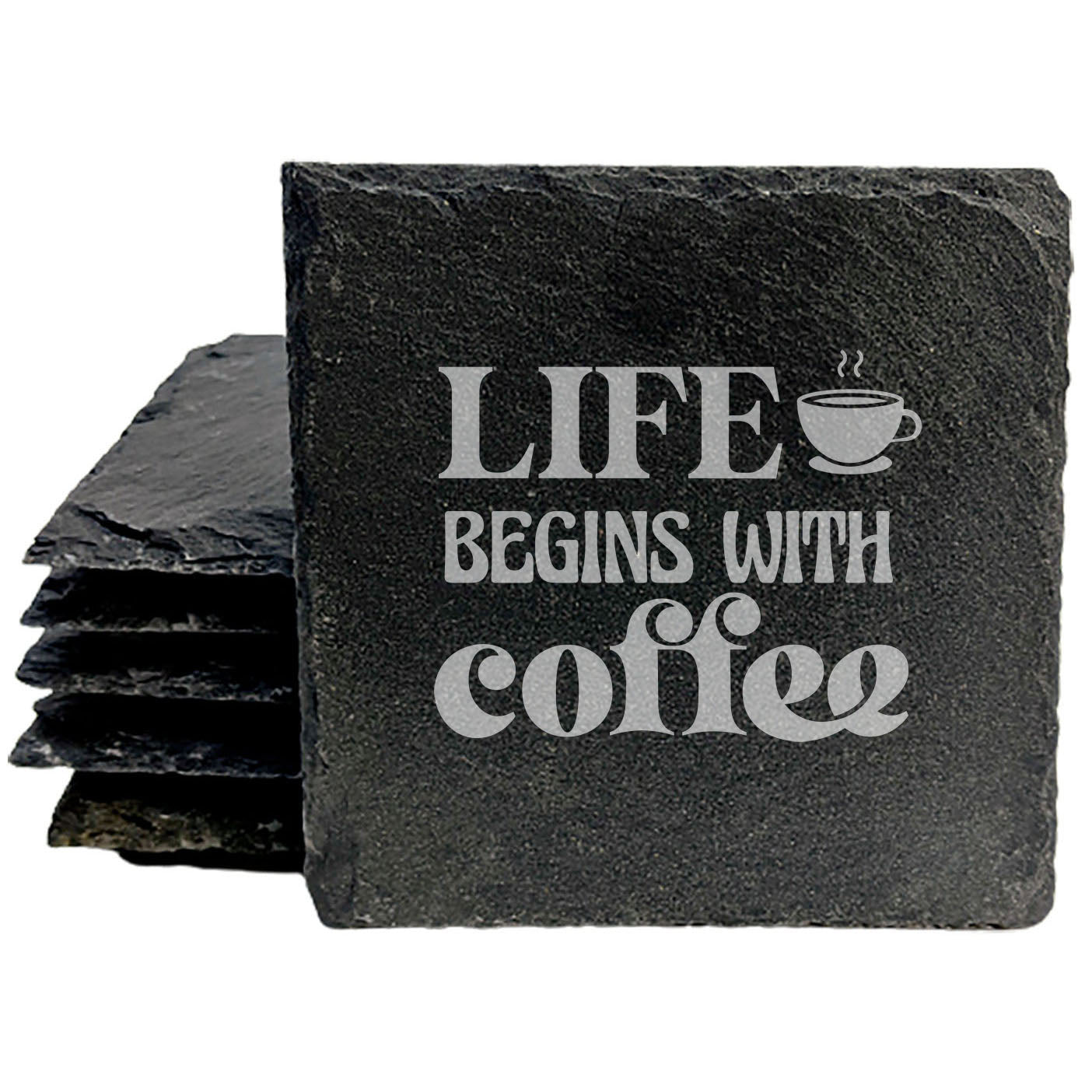 Sip & Smile: Life Begins After Coffee Coasters on Slate