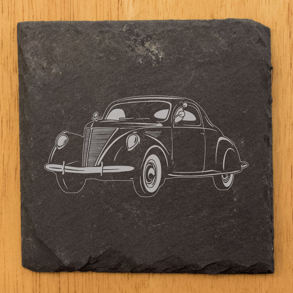 1937 Lincoln Zephyr Design Rustic Gray Slate Coasters Set of 4 - Laser Etched, Natural Chipped Edge, Rubber Feet - Perfect for She-Shed or Man Cave - Unique Gift from Small Business in Oregon USA