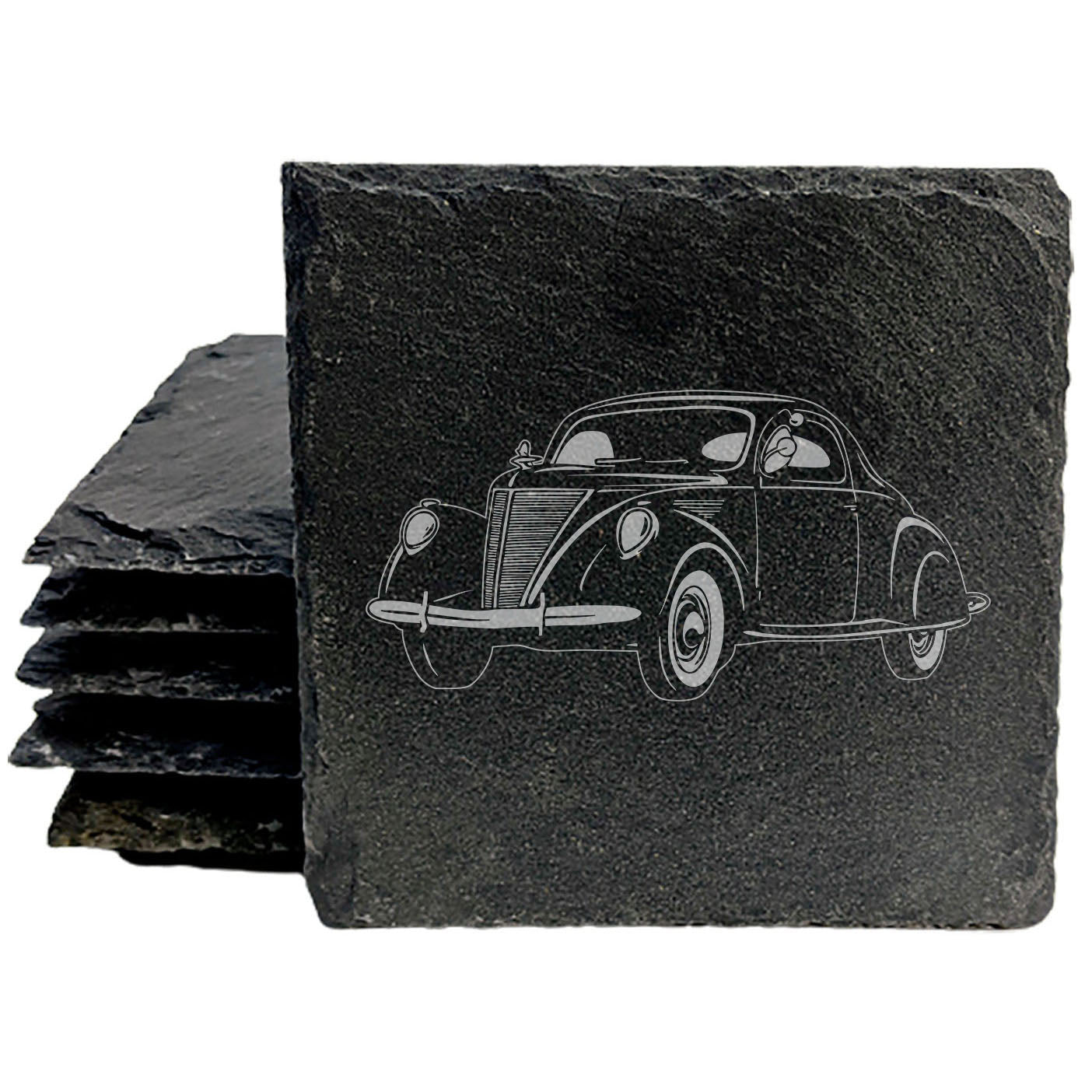 1937 Lincoln Zephyr Design Rustic Gray Slate Coasters Set of 4 - Laser Etched, Natural Chipped Edge, Rubber Feet - Perfect for She-Shed or Man Cave - Unique Gift from Small Business in Oregon USA