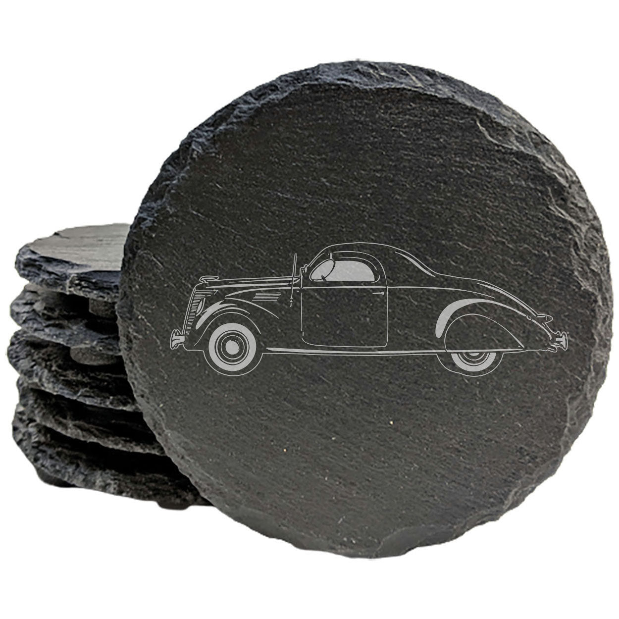 1937 Lincoln Zephyr Design Rustic Gray Slate Coasters Set of 4 - Laser Etched, Natural Chipped Edge, Rubber Feet - Perfect for She-Shed or Man Cave - Unique Gift from Small Business in Oregon USA