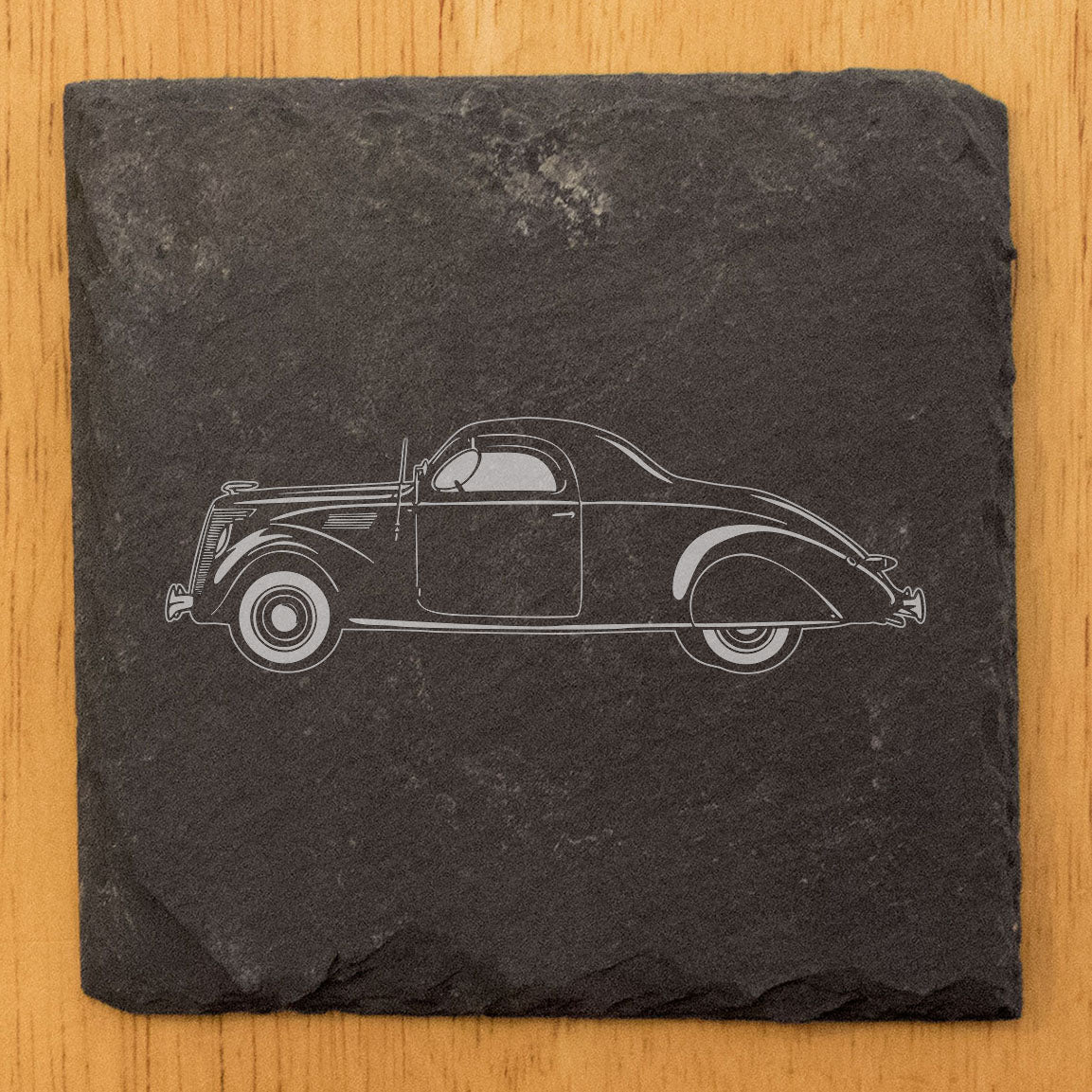 1937 Lincoln Zephyr Design Rustic Gray Slate Coasters Set of 4 - Laser Etched, Natural Chipped Edge, Rubber Feet - Perfect for She-Shed or Man Cave - Unique Gift from Small Business in Oregon USA