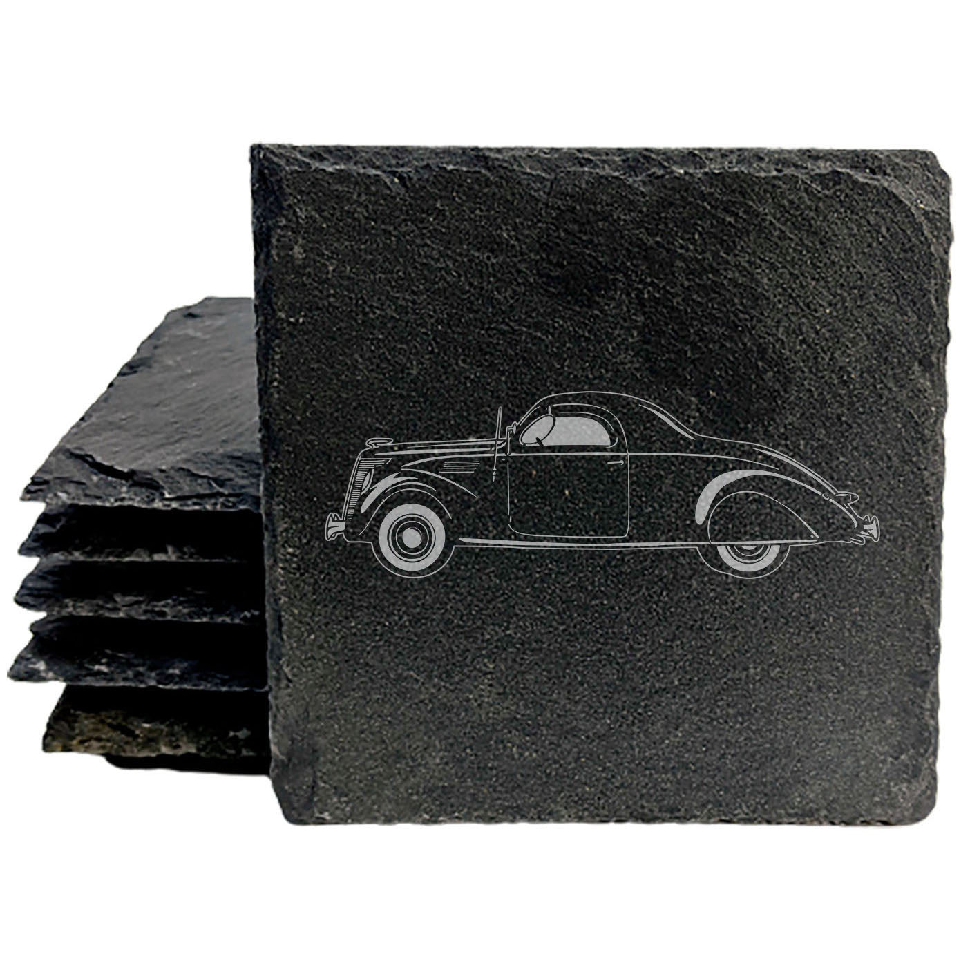 1937 Lincoln Zephyr Design Rustic Gray Slate Coasters Set of 4 - Laser Etched, Natural Chipped Edge, Rubber Feet - Perfect for She-Shed or Man Cave - Unique Gift from Small Business in Oregon USA